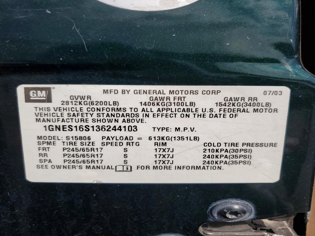 2003 Chevrolet Trailblazer Ext Green vin: 1GNES16S136244103
