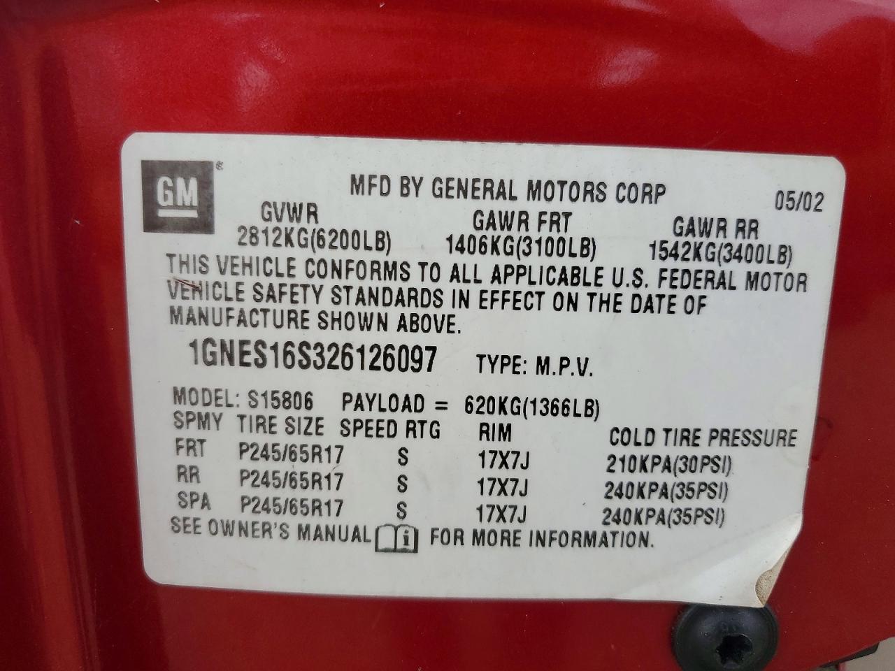 2002 Chevrolet Trailblazer Red vin: 1GNES16S326126097