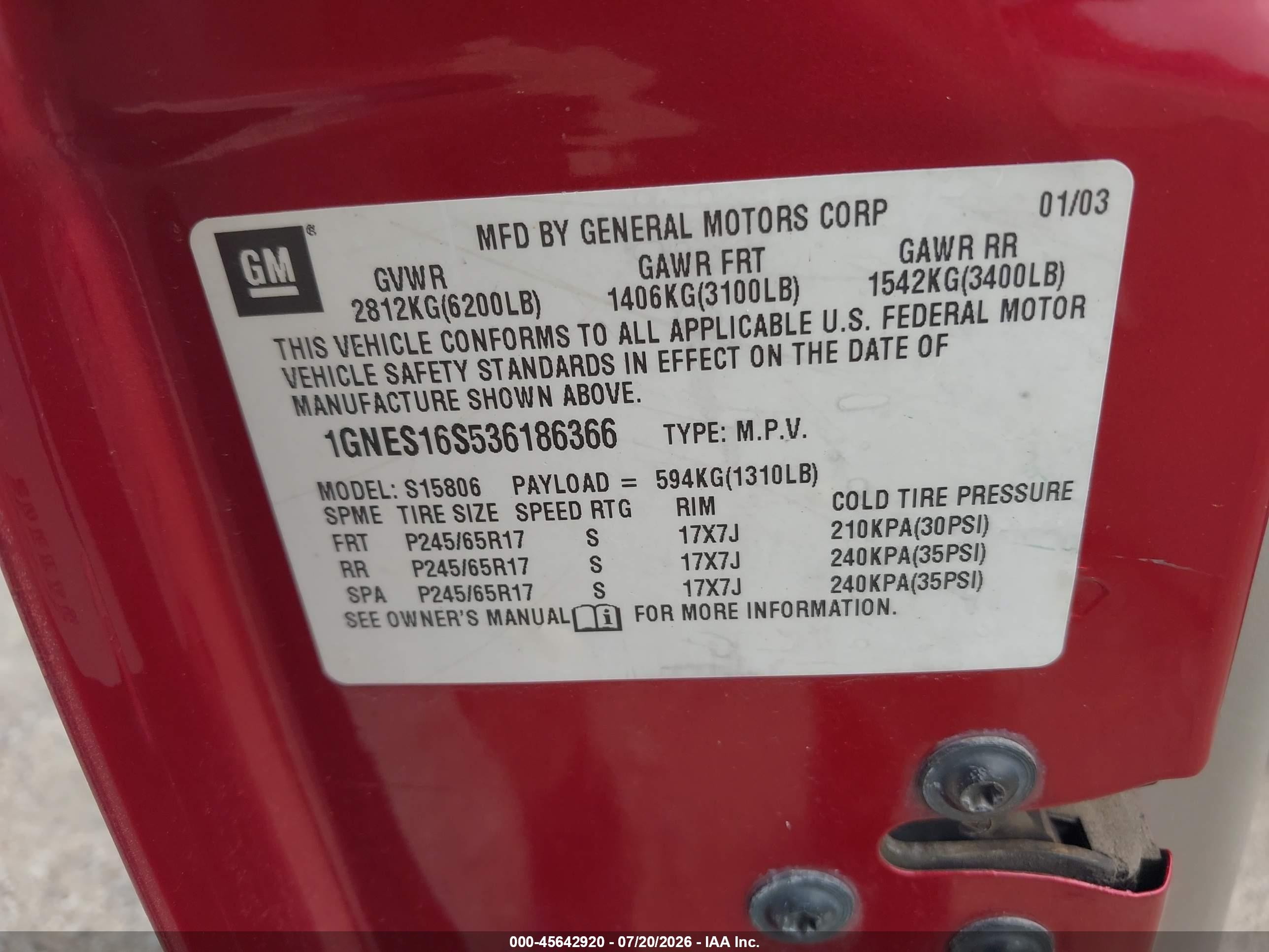 2003 Chevrolet Trailblazer Ext Lt Red vin: 1GNES16S536186366