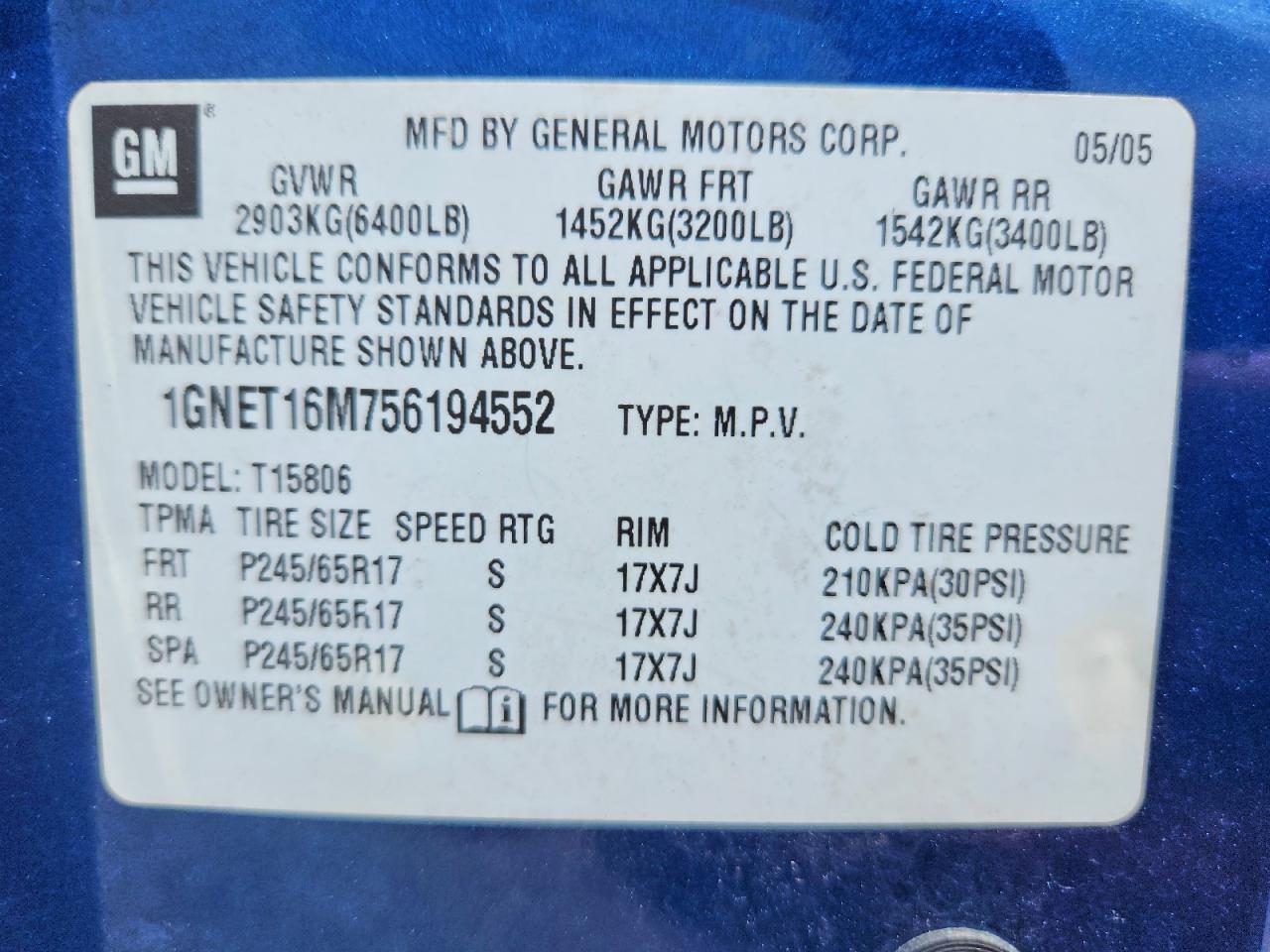 2005 Chevrolet Trailblazer Ext Ls Blue vin: 1GNET16M756194552