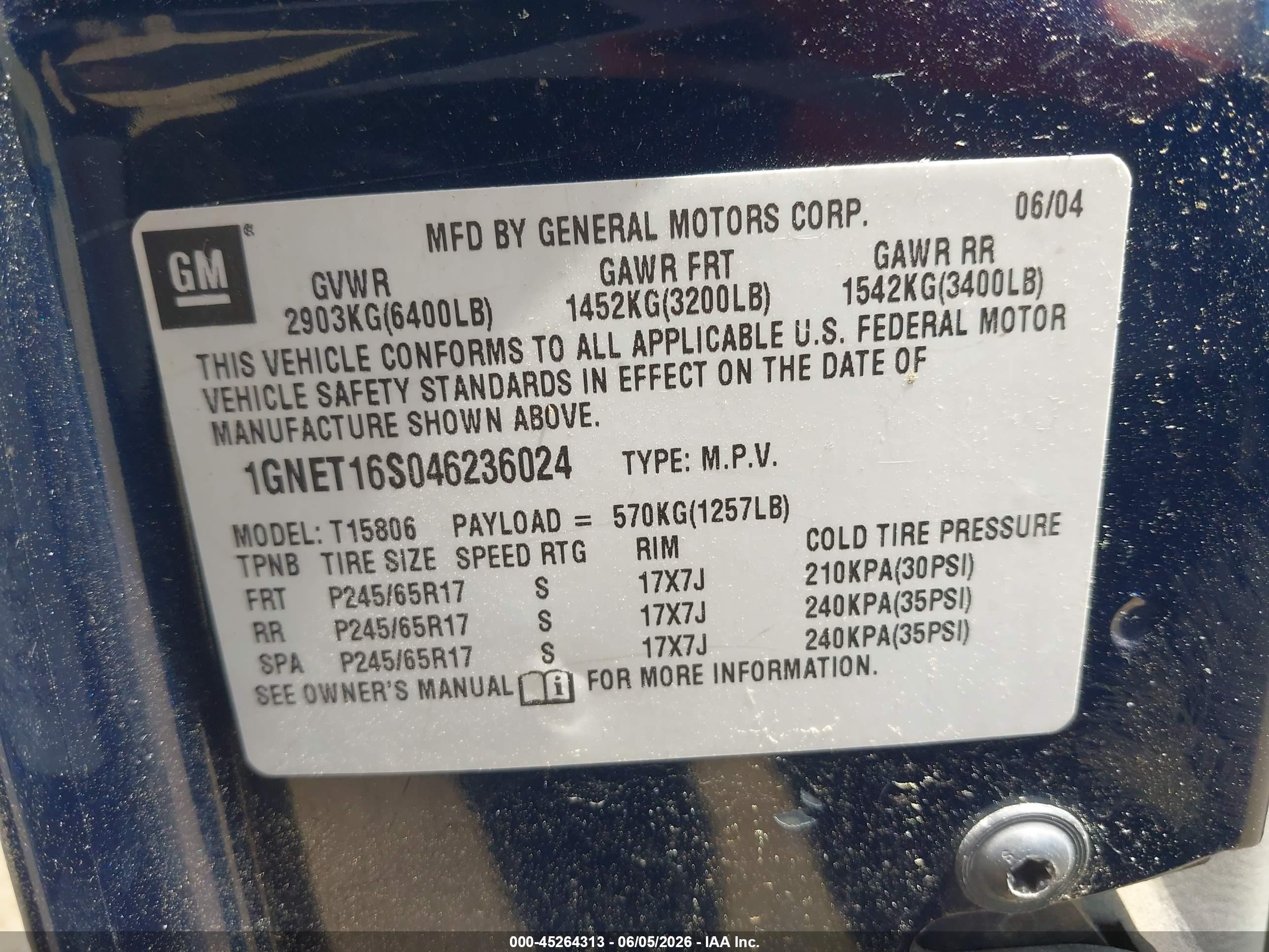 2004 Chevrolet Trailblazer Ext Lt Dark Blue vin: 1GNET16S046236024