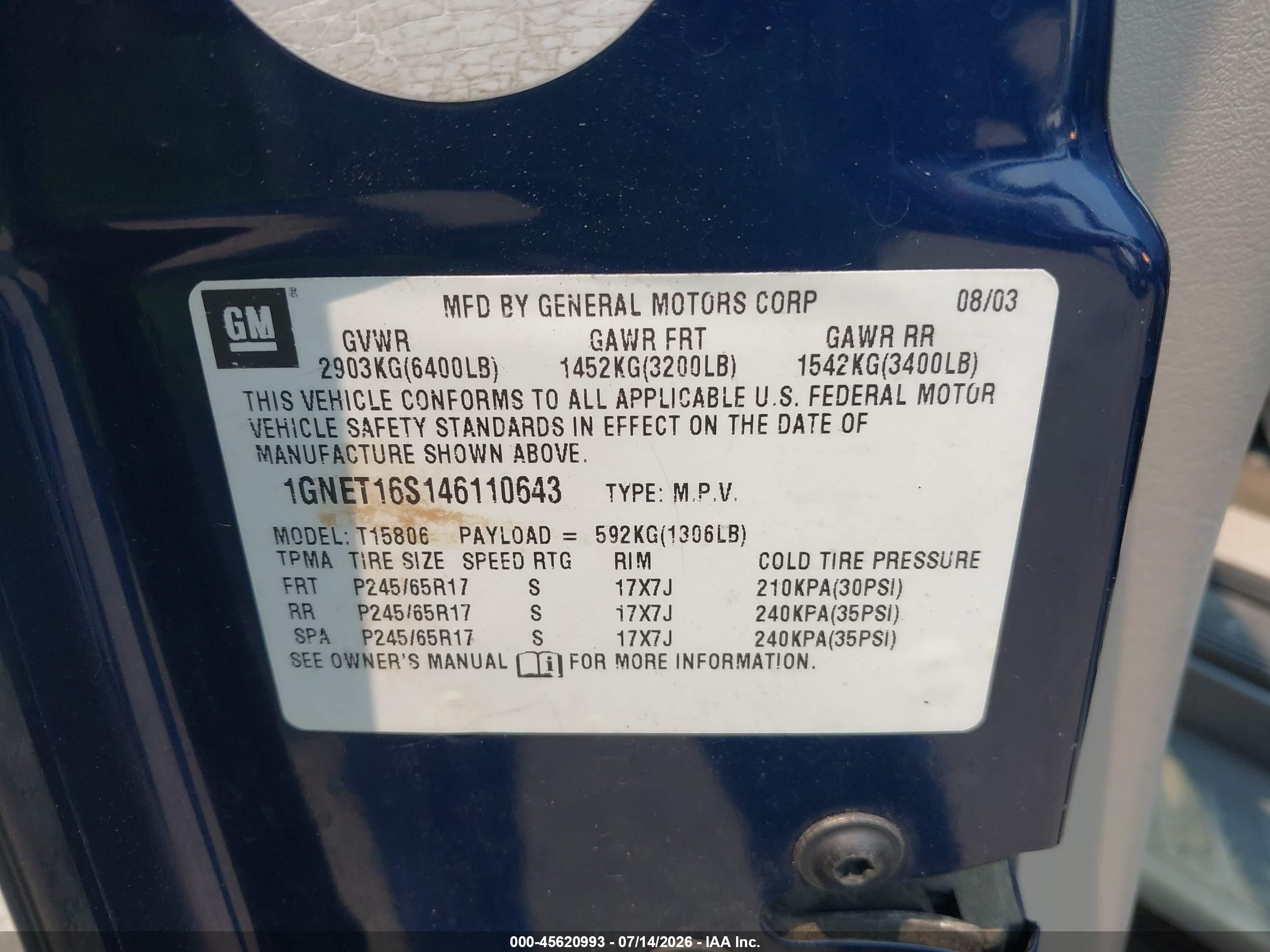 2004 Chevrolet Trailblazer Ext Ls Blue vin: 1GNET16S146110643