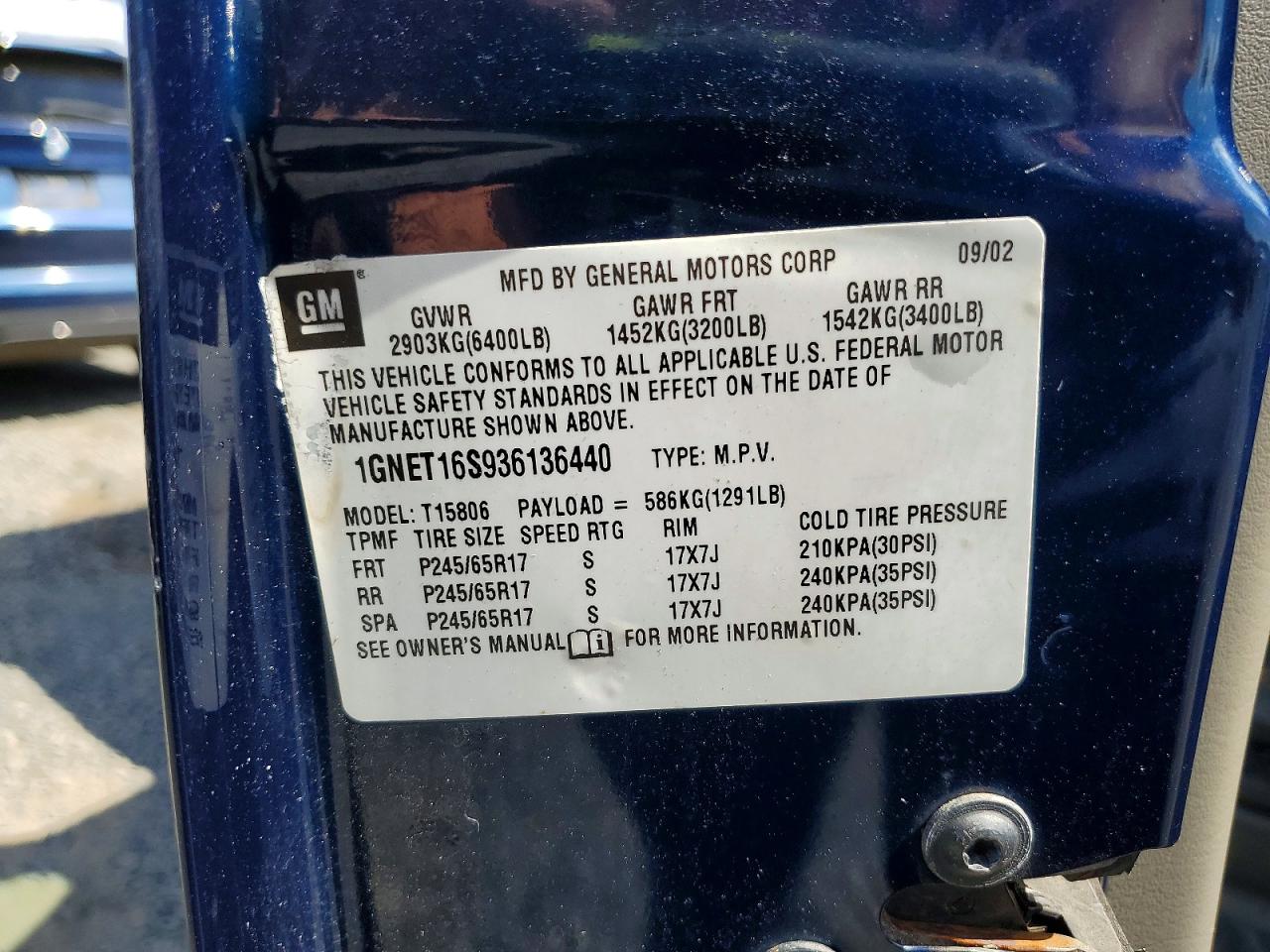 2003 Chevrolet Trailblazer Ext Blue vin: 1GNET16S936136440
