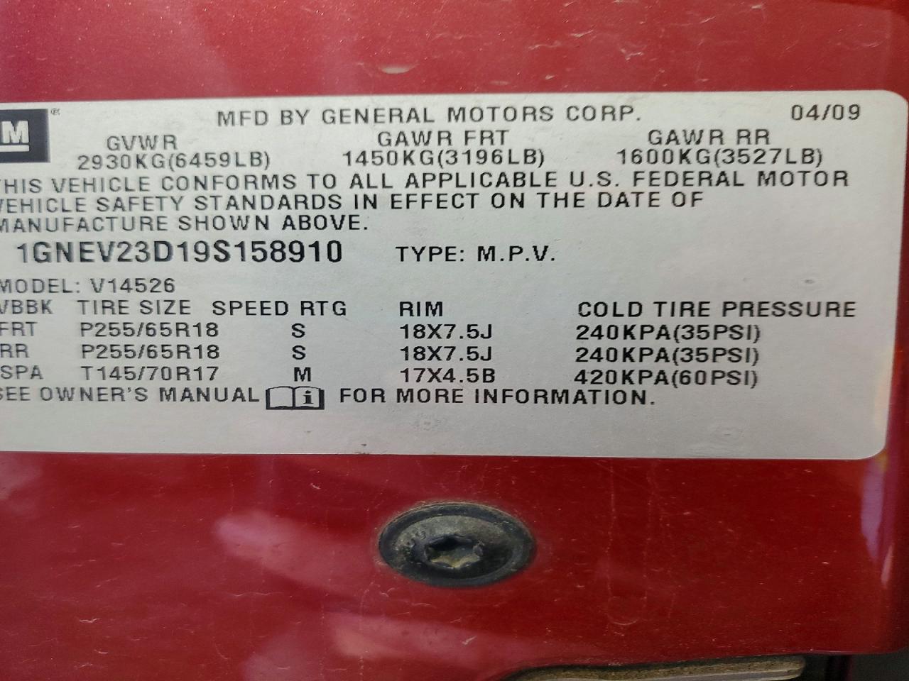2009 Chevrolet Traverse Lt Red vin: 1GNEV23D19S158910