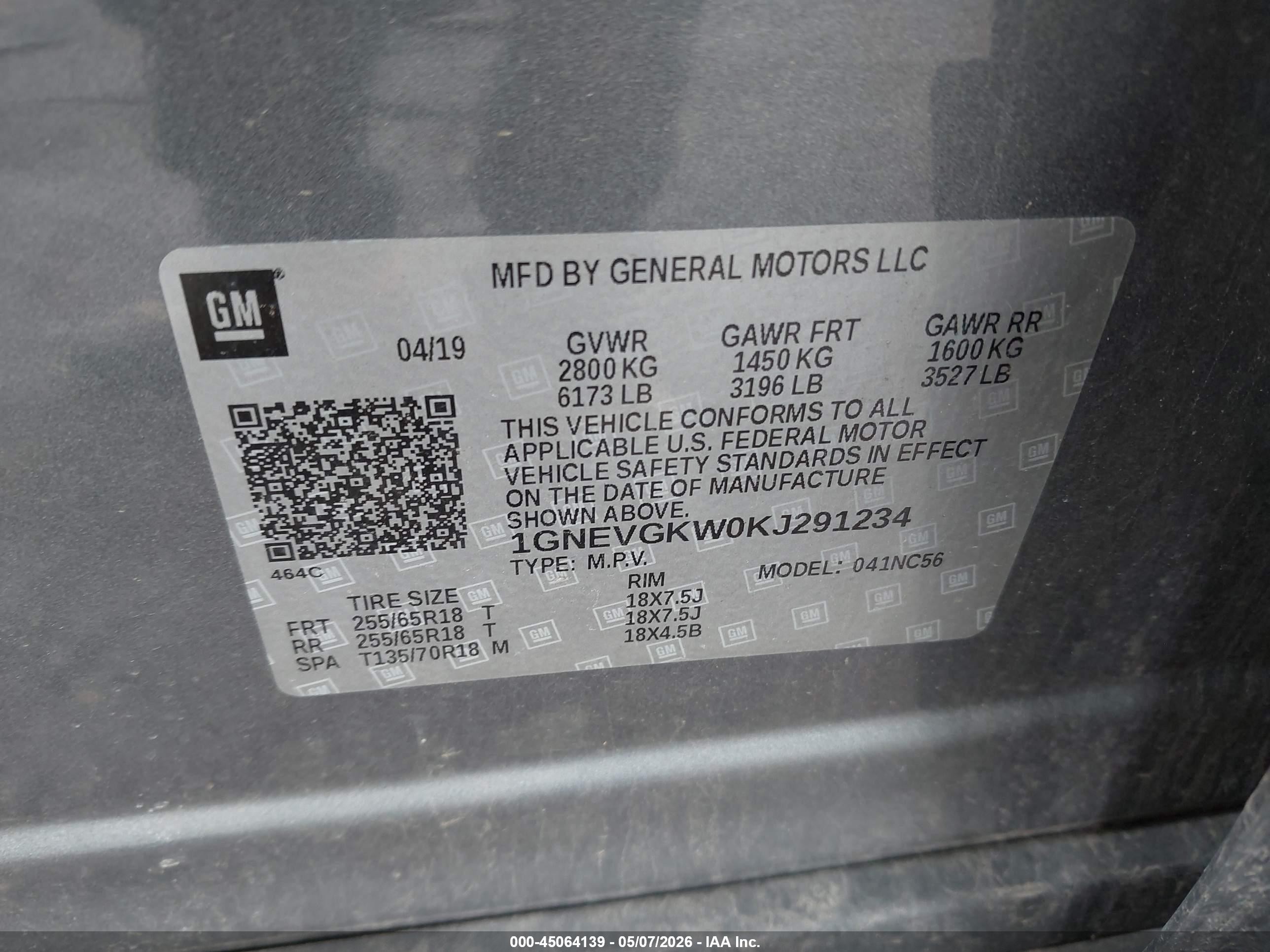 2019 Chevrolet Traverse 1lt Gray vin: 1GNEVGKW0KJ291234