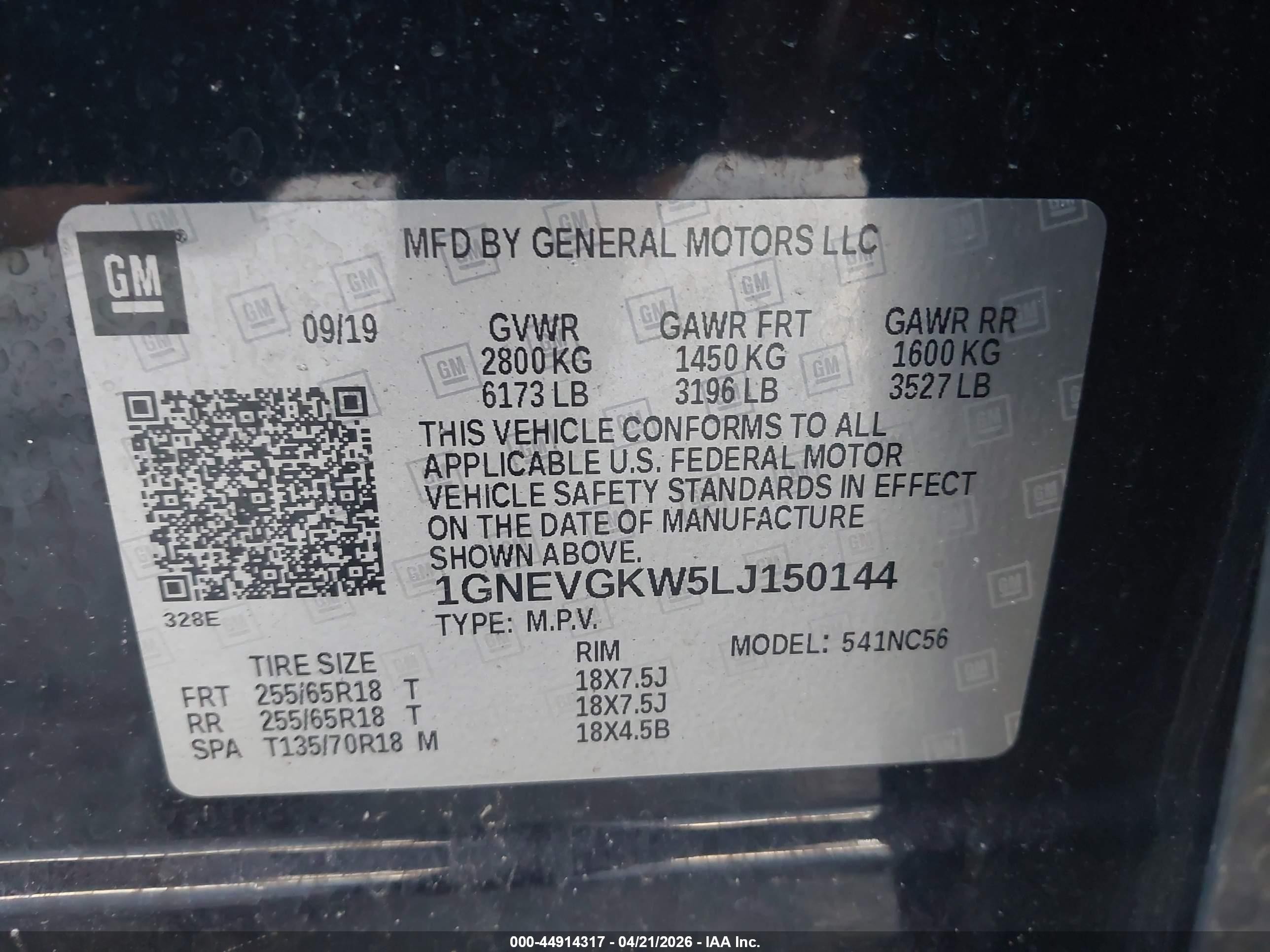 2020 Chevrolet Traverse Awd Lt Cloth Black vin: 1GNEVGKW5LJ150144