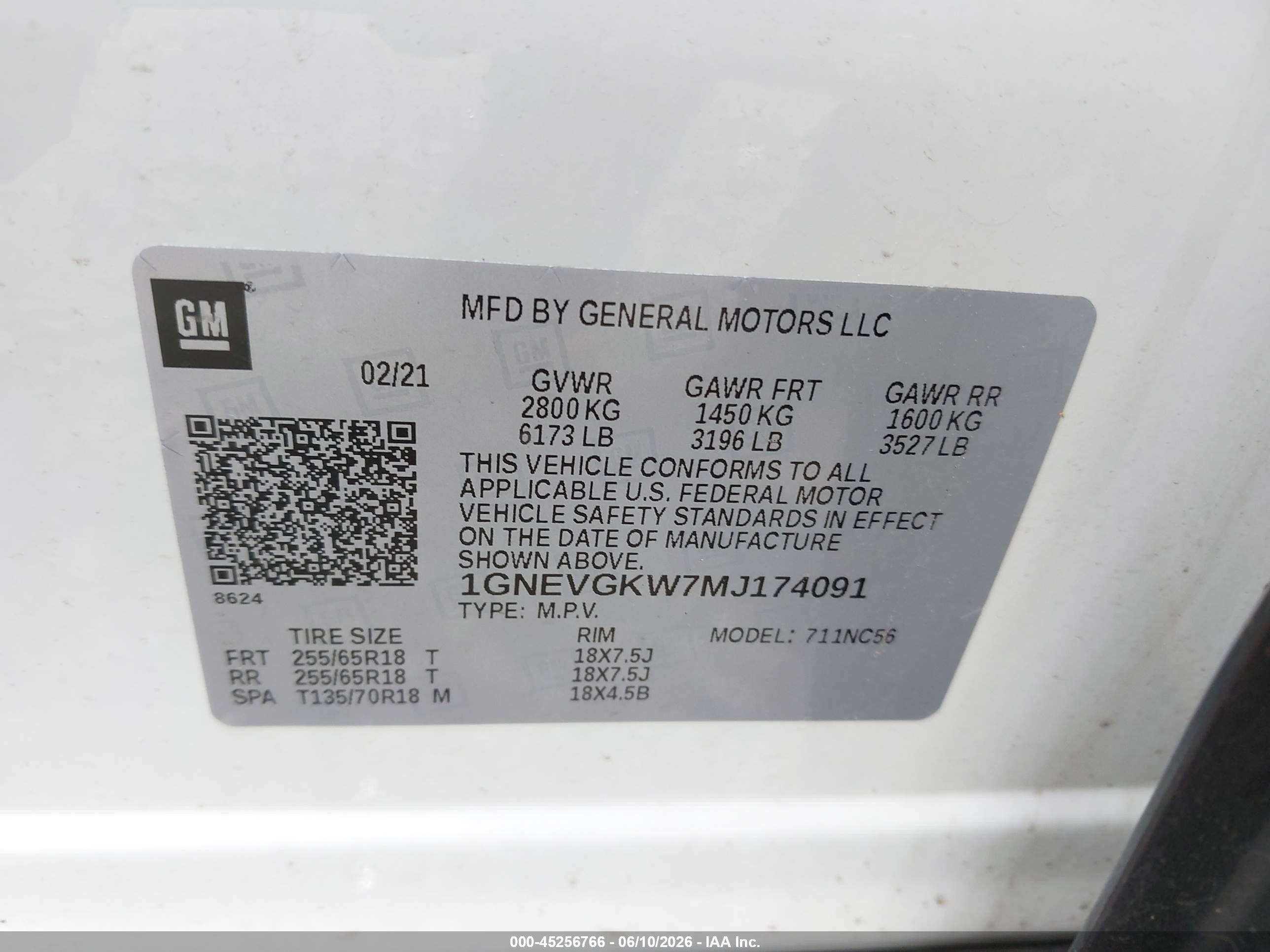 2021 Chevrolet Traverse Awd Lt Cloth Белый vin: 1GNEVGKW7MJ174091