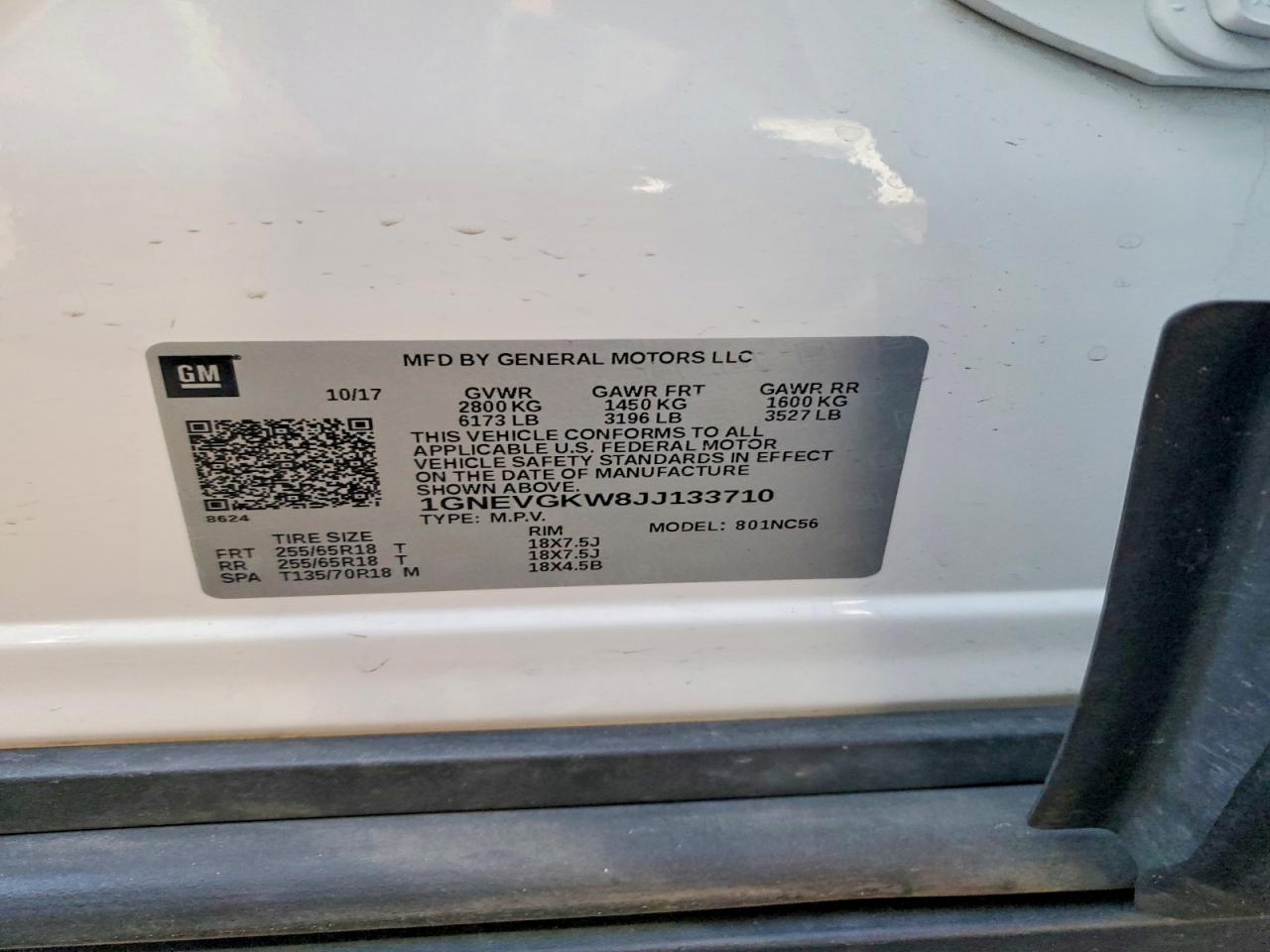 2018 Chevrolet Traverse Lt White vin: 1GNEVGKW8JJ133710