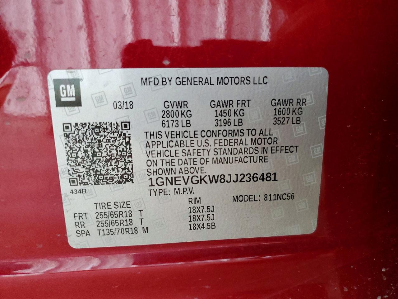 2018 Chevrolet Traverse Lt Red vin: 1GNEVGKW8JJ236481