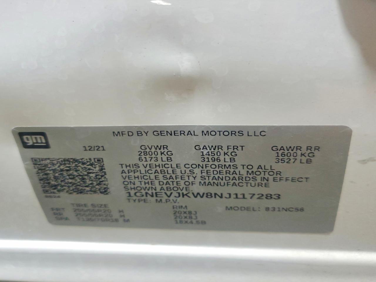 2022 Chevrolet Traverse Rs White vin: 1GNEVJKW8NJ117283
