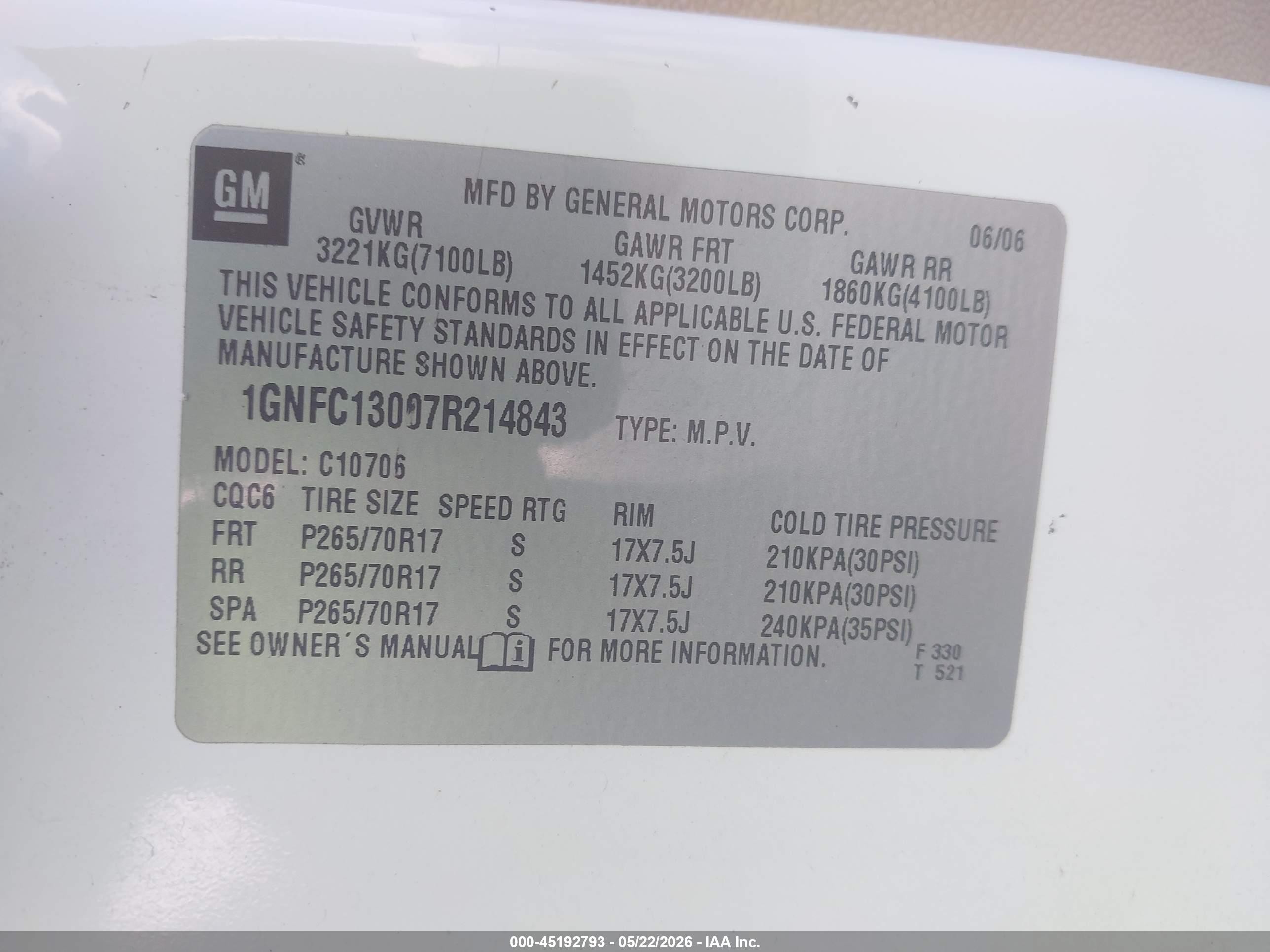 2007 Chevrolet Tahoe Lt White vin: 1GNFC13007R214843