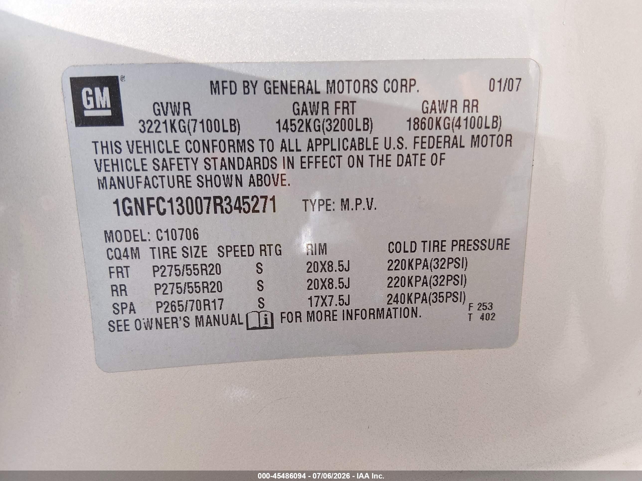2007 Chevrolet Tahoe Ltz Tan vin: 1GNFC13007R345271