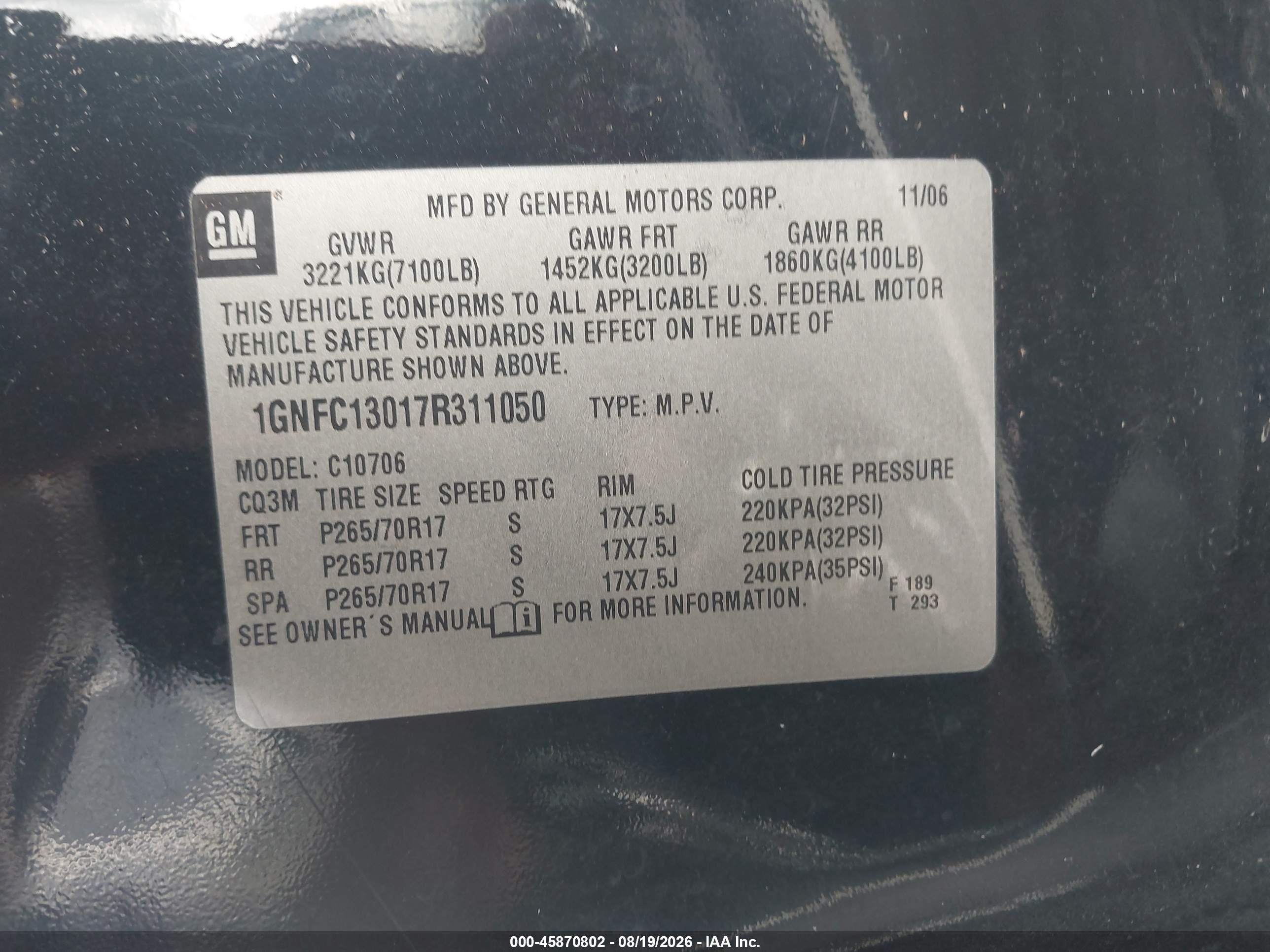 2007 Chevrolet Tahoe Ls Black vin: 1GNFC13017R311050