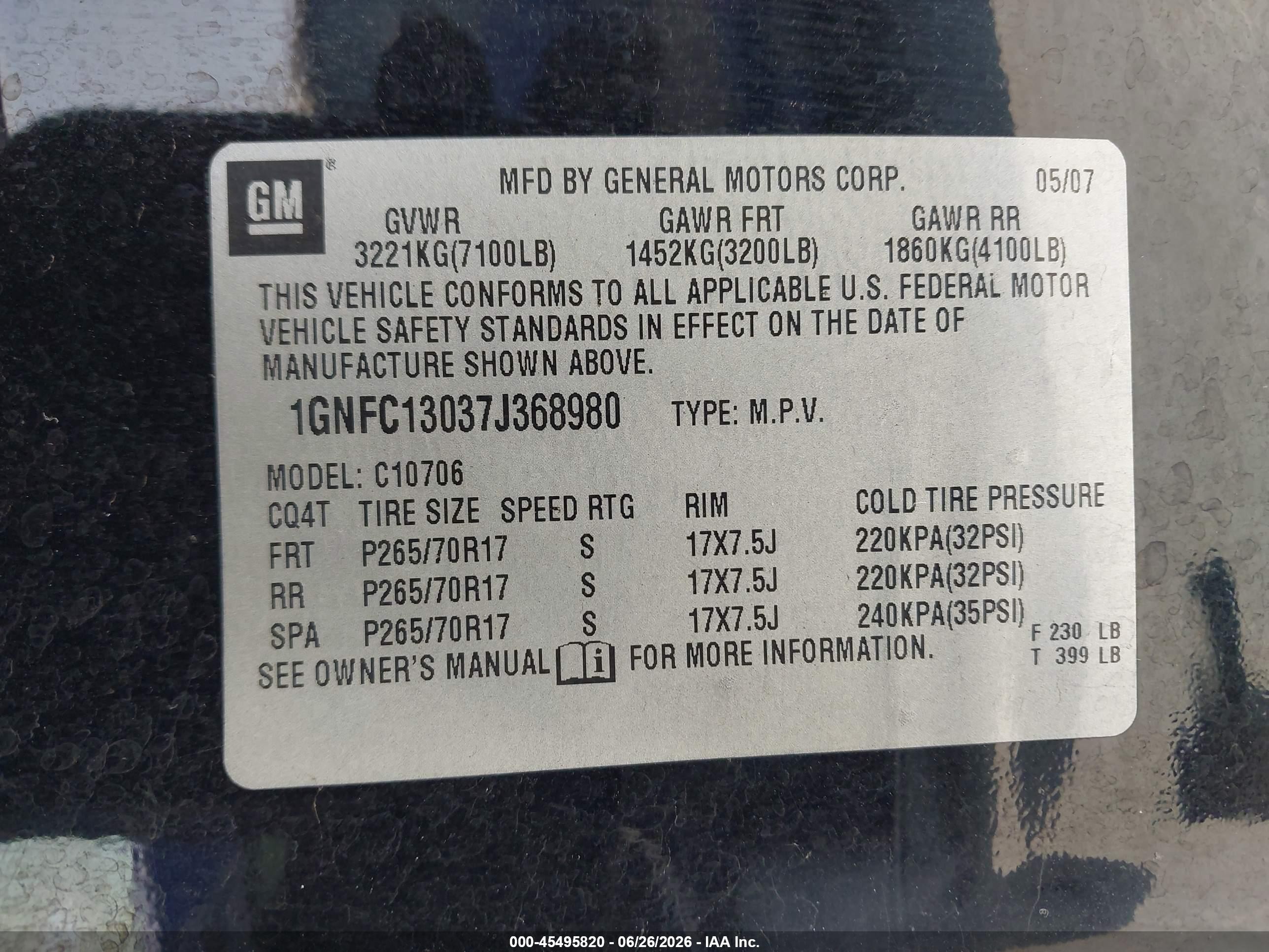 2007 Chevrolet Tahoe Lt Черный vin: 1GNFC13037J368980