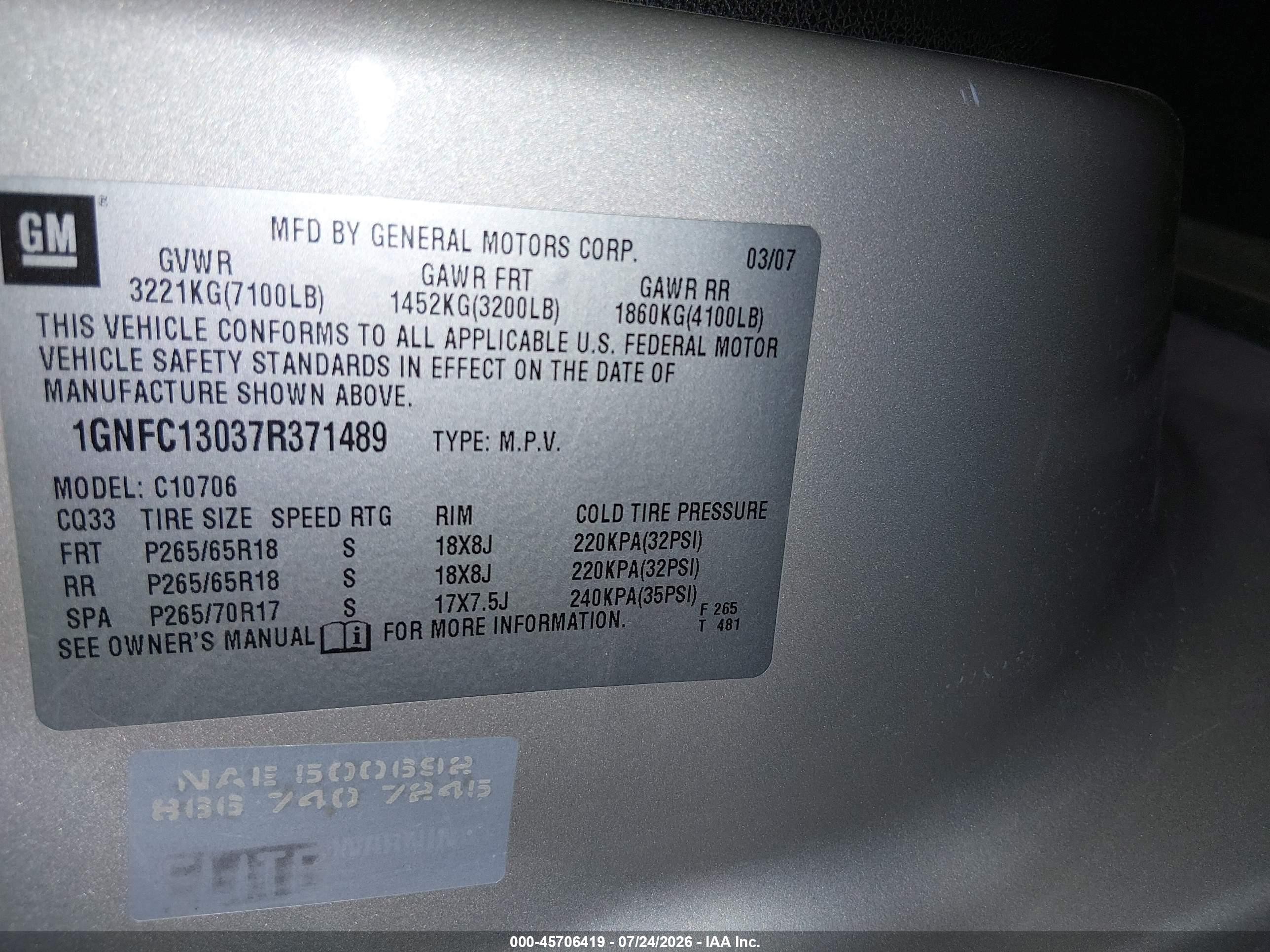 2007 Chevrolet Tahoe Lt Gold vin: 1GNFC13037R371489