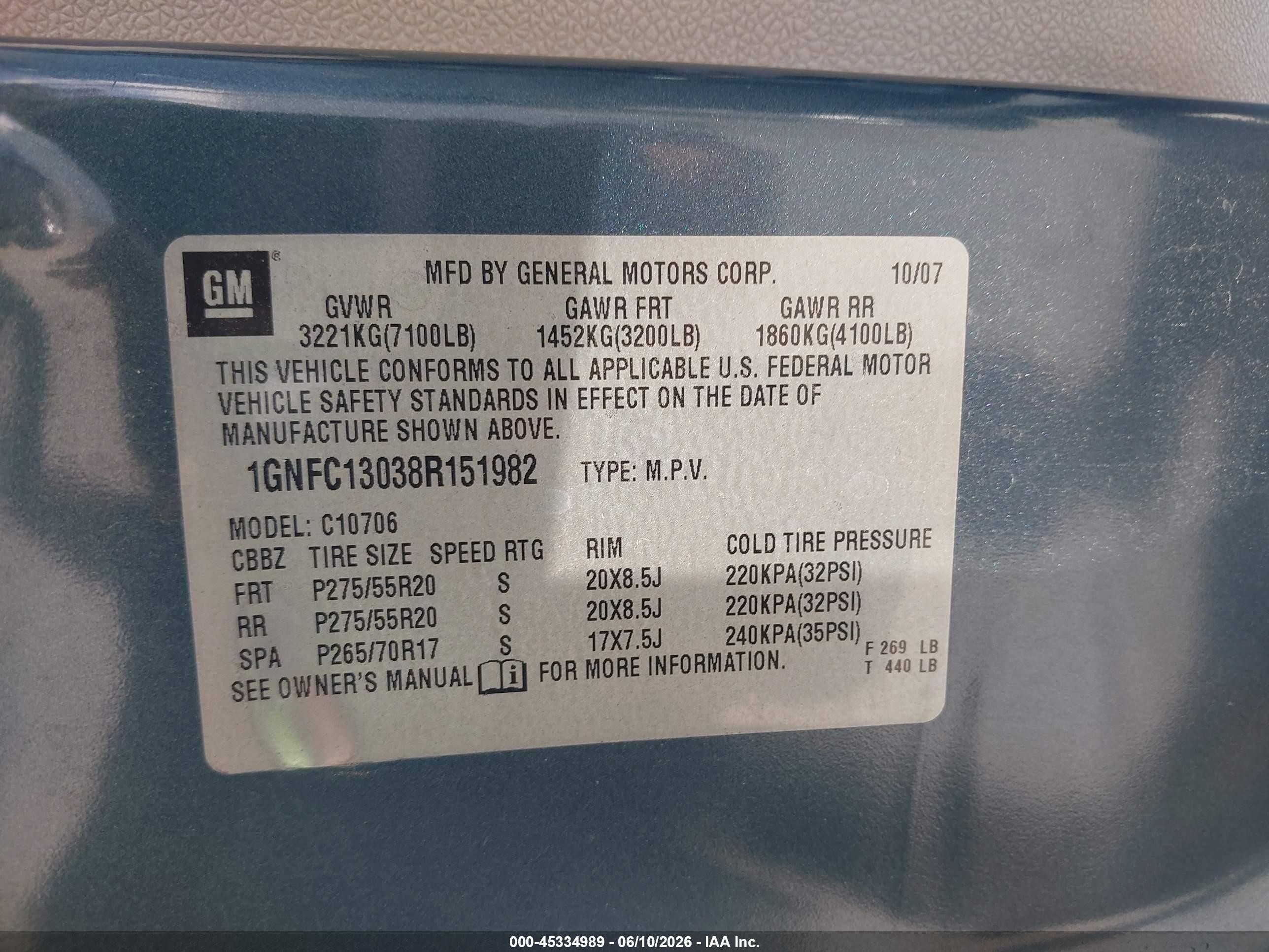 2008 Chevrolet Tahoe Ltz Blue vin: 1GNFC13038R151982