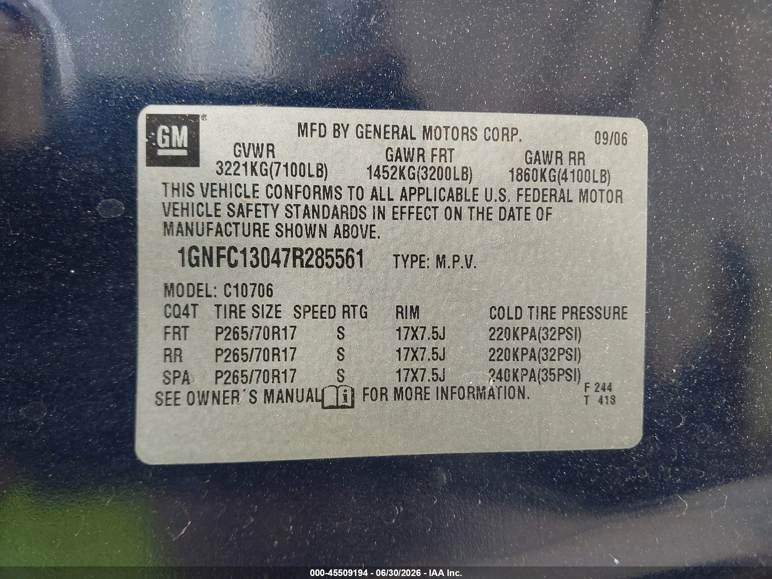 2007 Chevrolet Tahoe Lt Dark Blue vin: 1GNFC13047R285561