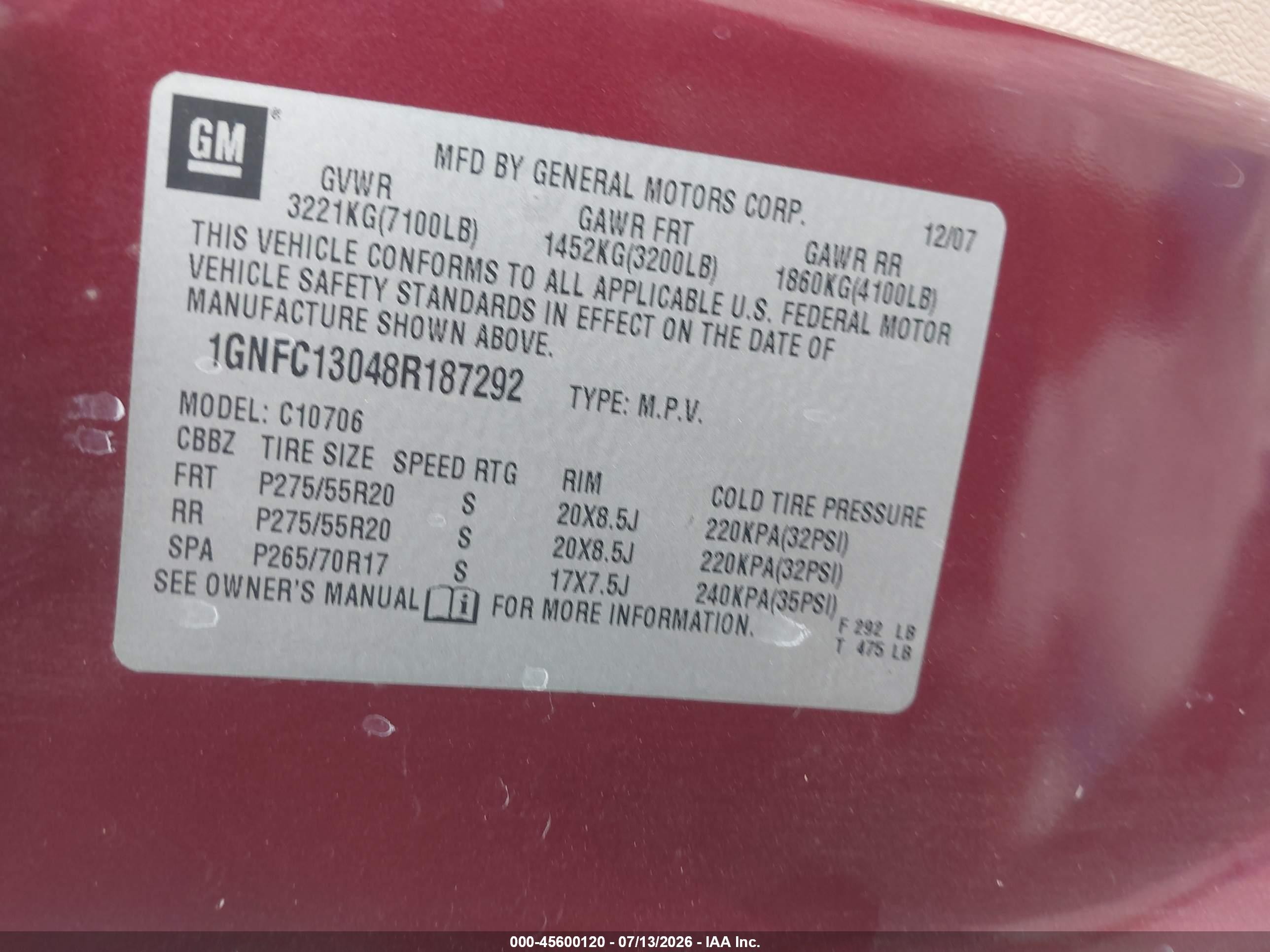 2008 Chevrolet Tahoe Ltz Бордовый vin: 1GNFC13048R187292