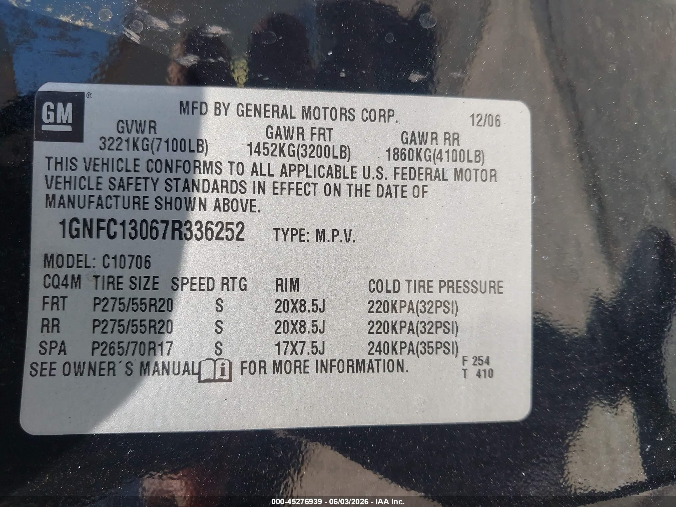 2007 Chevrolet Tahoe Ltz Black vin: 1GNFC13067R336252