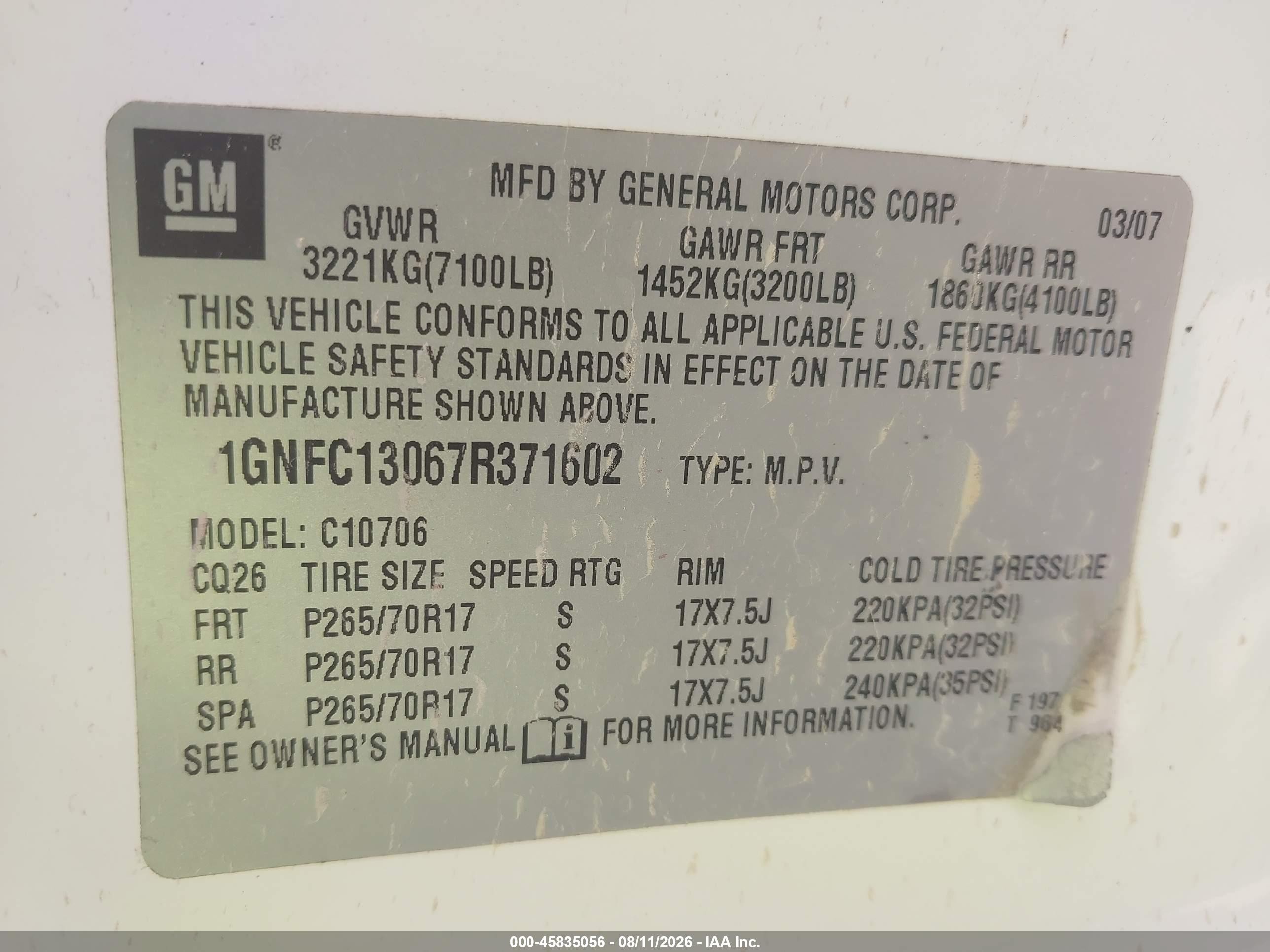 2007 Chevrolet Tahoe Lt Белый vin: 1GNFC13067R371602