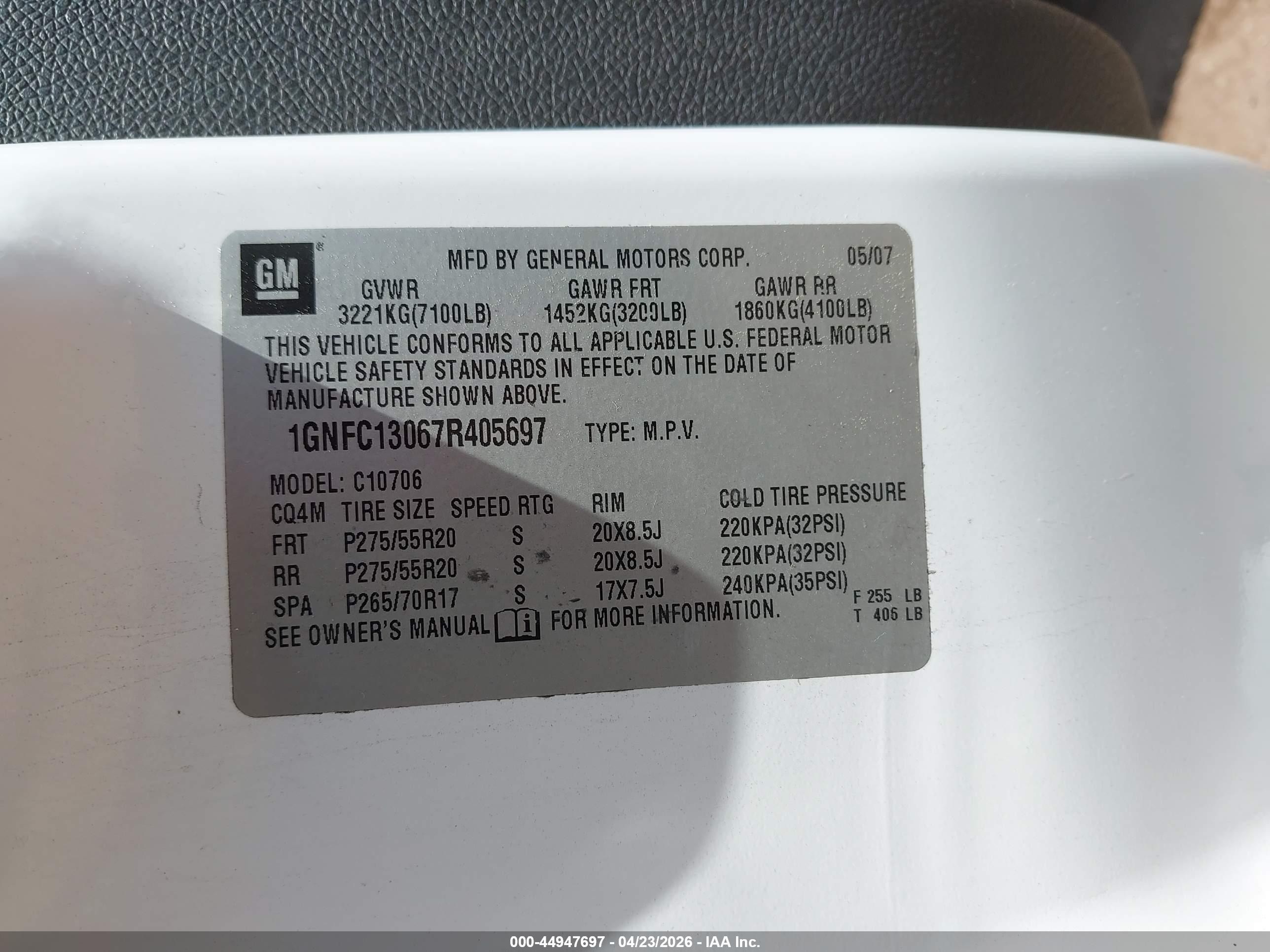 2007 Chevrolet Tahoe Ltz White vin: 1GNFC13067R405697