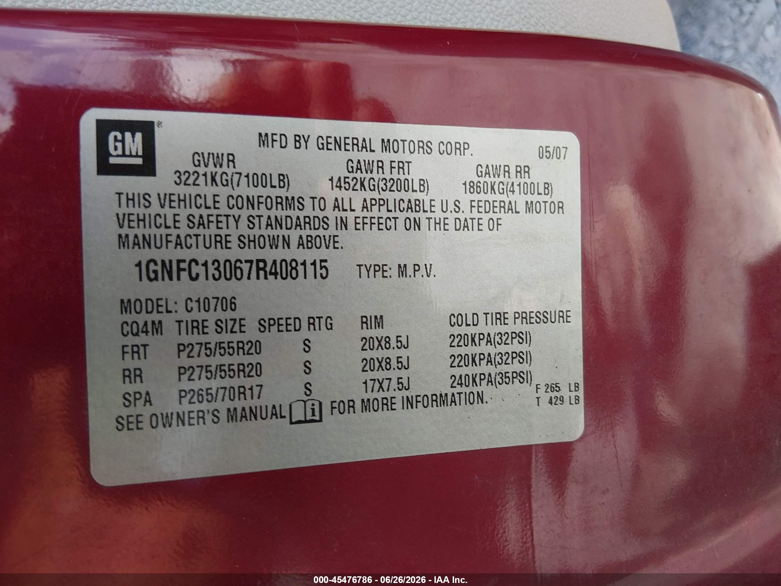 2007 Chevrolet Tahoe Ltz Red vin: 1GNFC13067R408115