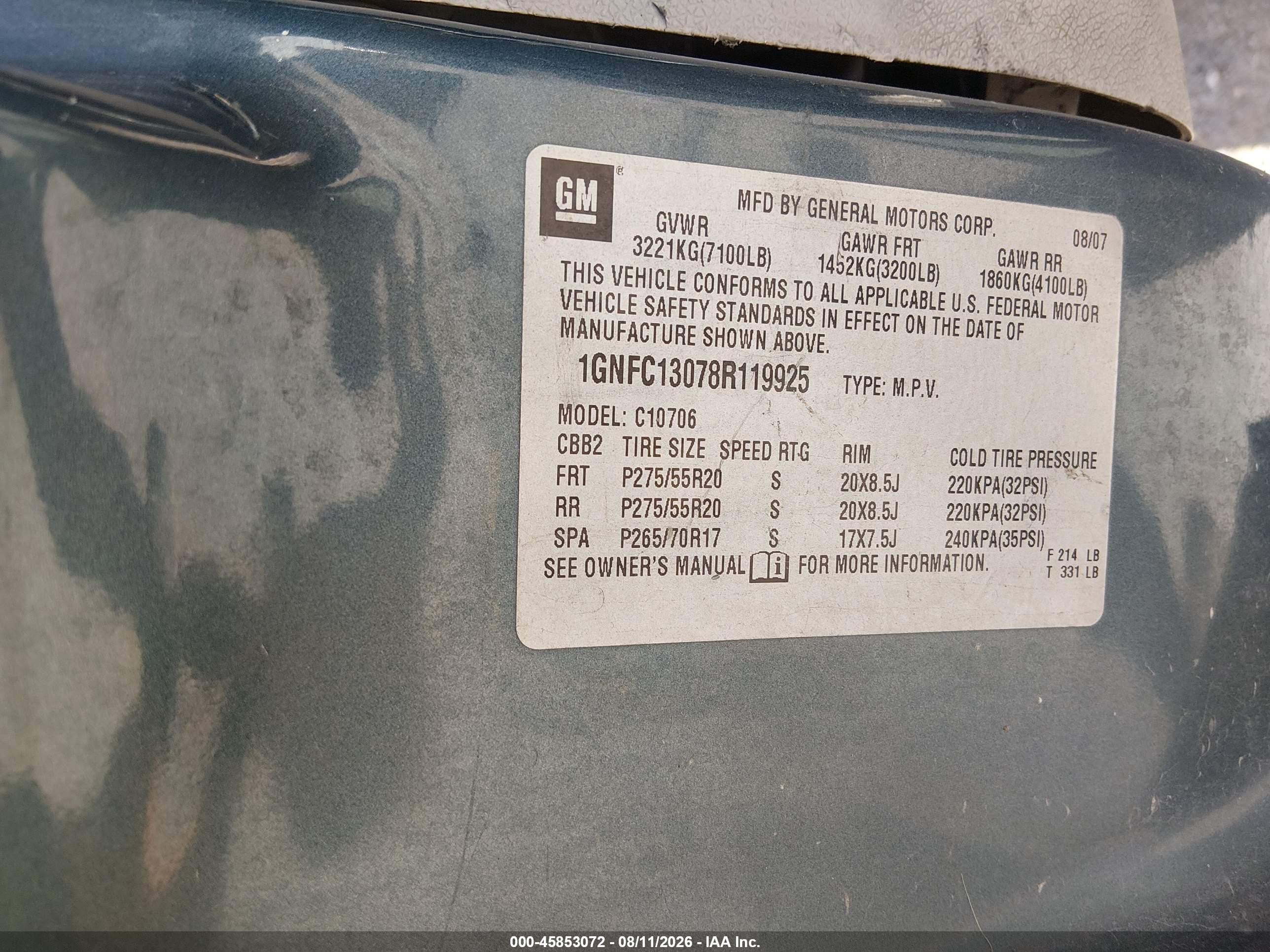 2008 Chevrolet Tahoe Lt Light Blue vin: 1GNFC13078R119925