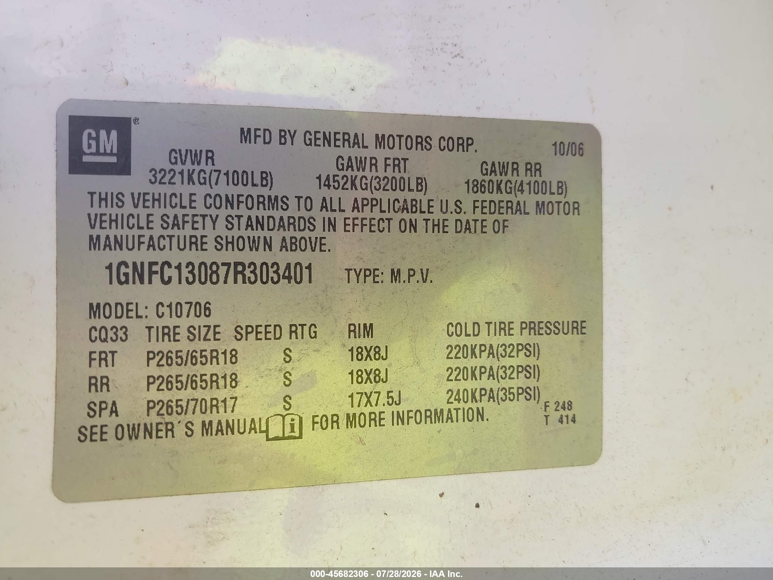 2007 Chevrolet Tahoe Lt Белый vin: 1GNFC13087R303401