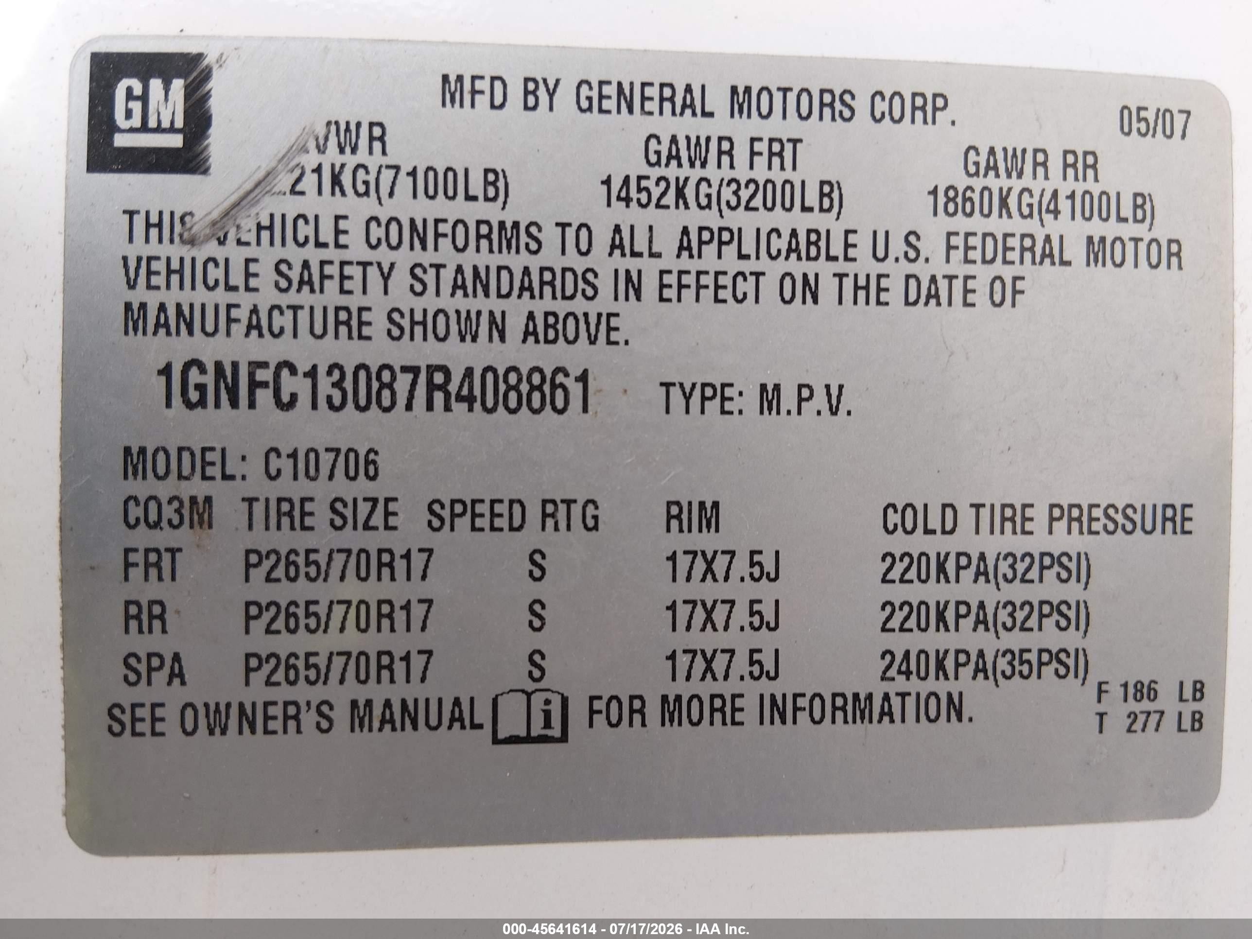 2007 Chevrolet Tahoe Ls White vin: 1GNFC13087R408861