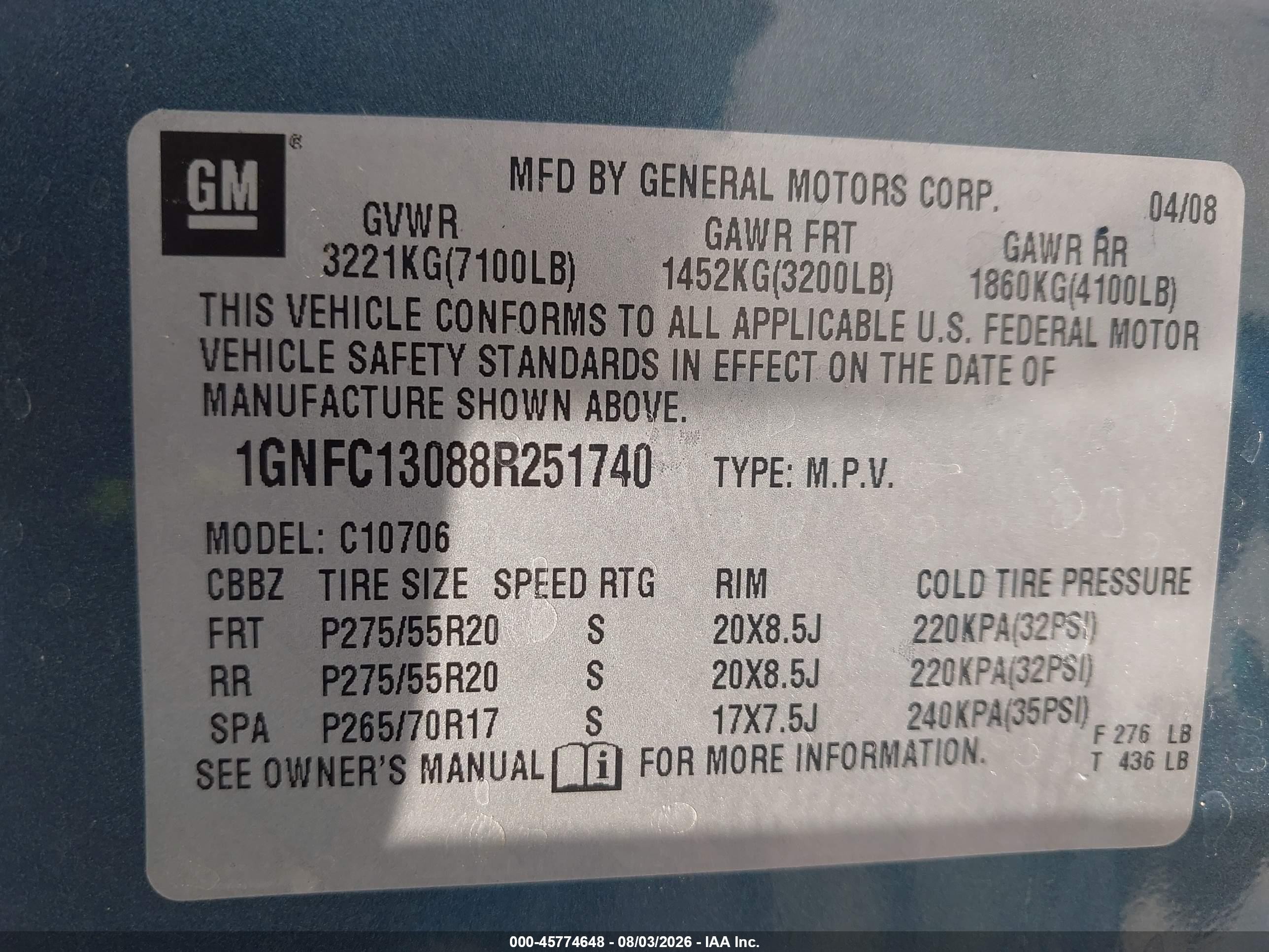 2008 Chevrolet Tahoe Ltz Blue vin: 1GNFC13088R251740