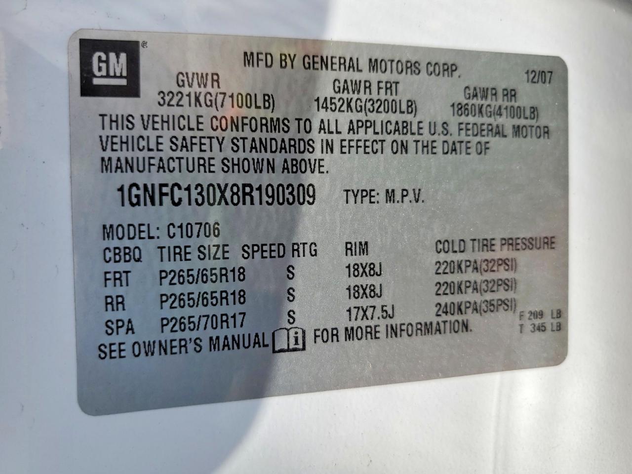 2008 Chevrolet Tahoe C1500 White vin: 1GNFC130X8R190309