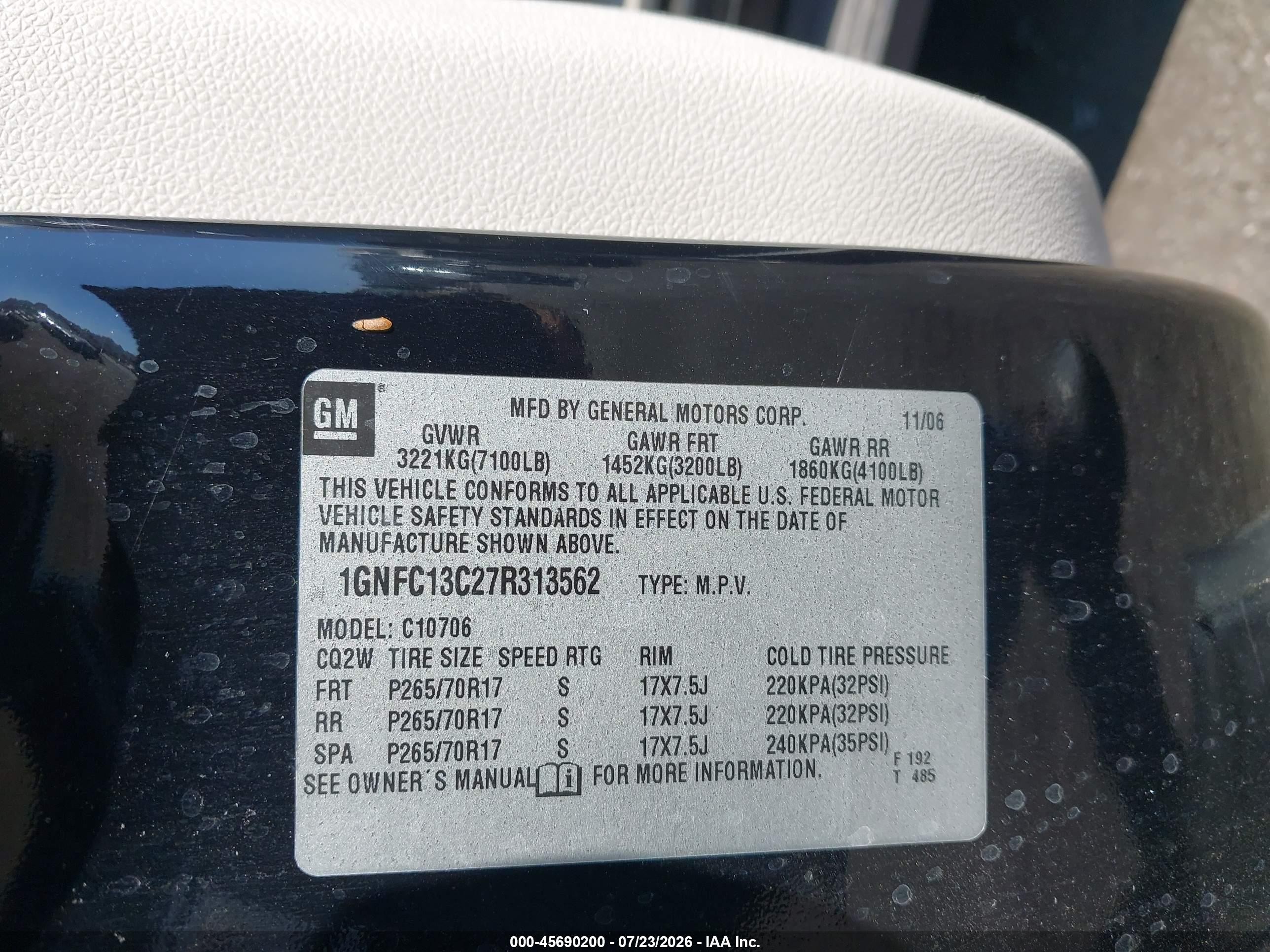 2007 Chevrolet Tahoe Ls Black vin: 1GNFC13C27R313562