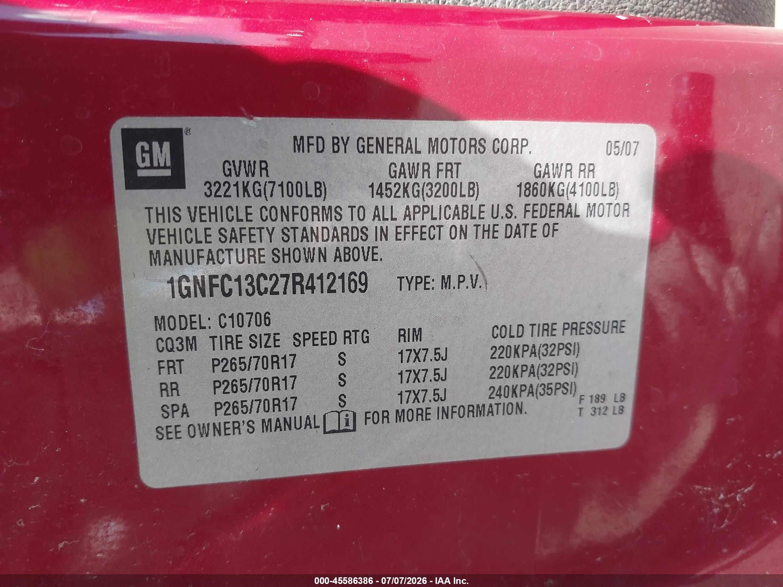 2007 Chevrolet Tahoe Ls Red vin: 1GNFC13C27R412169