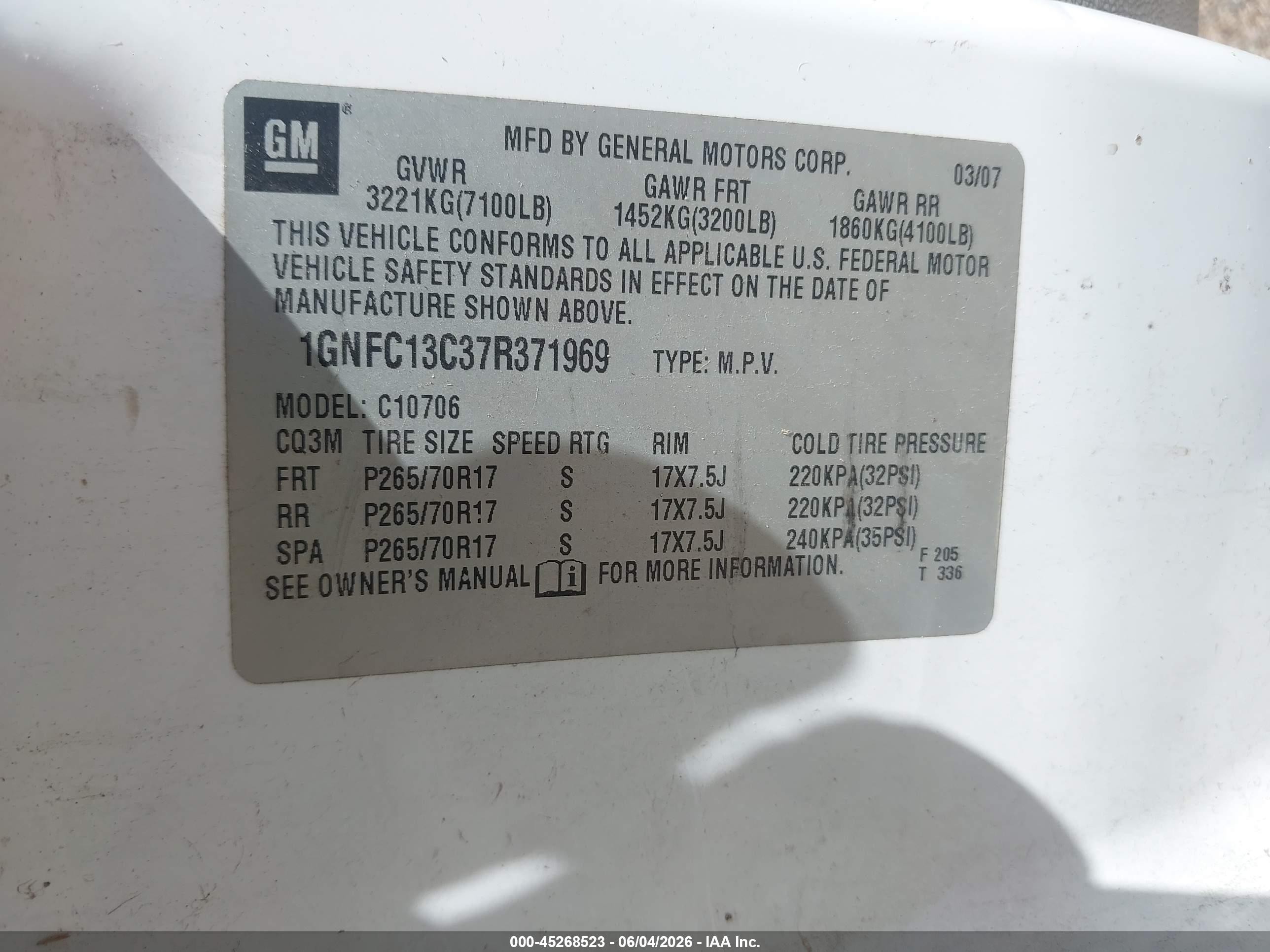 2007 Chevrolet Tahoe Ls White vin: 1GNFC13C37R371969