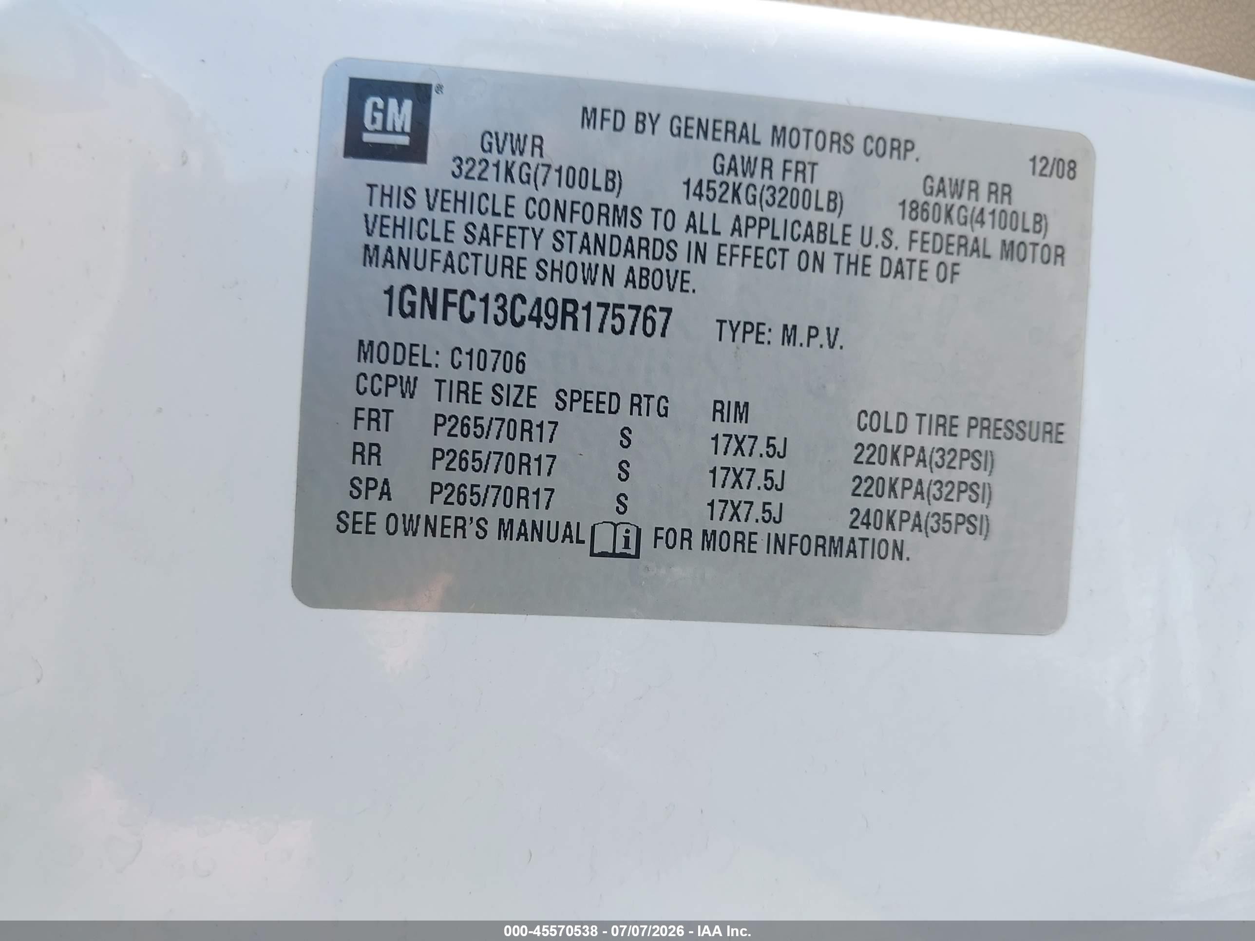 2009 Chevrolet Tahoe Ls White vin: 1GNFC13C49R175767