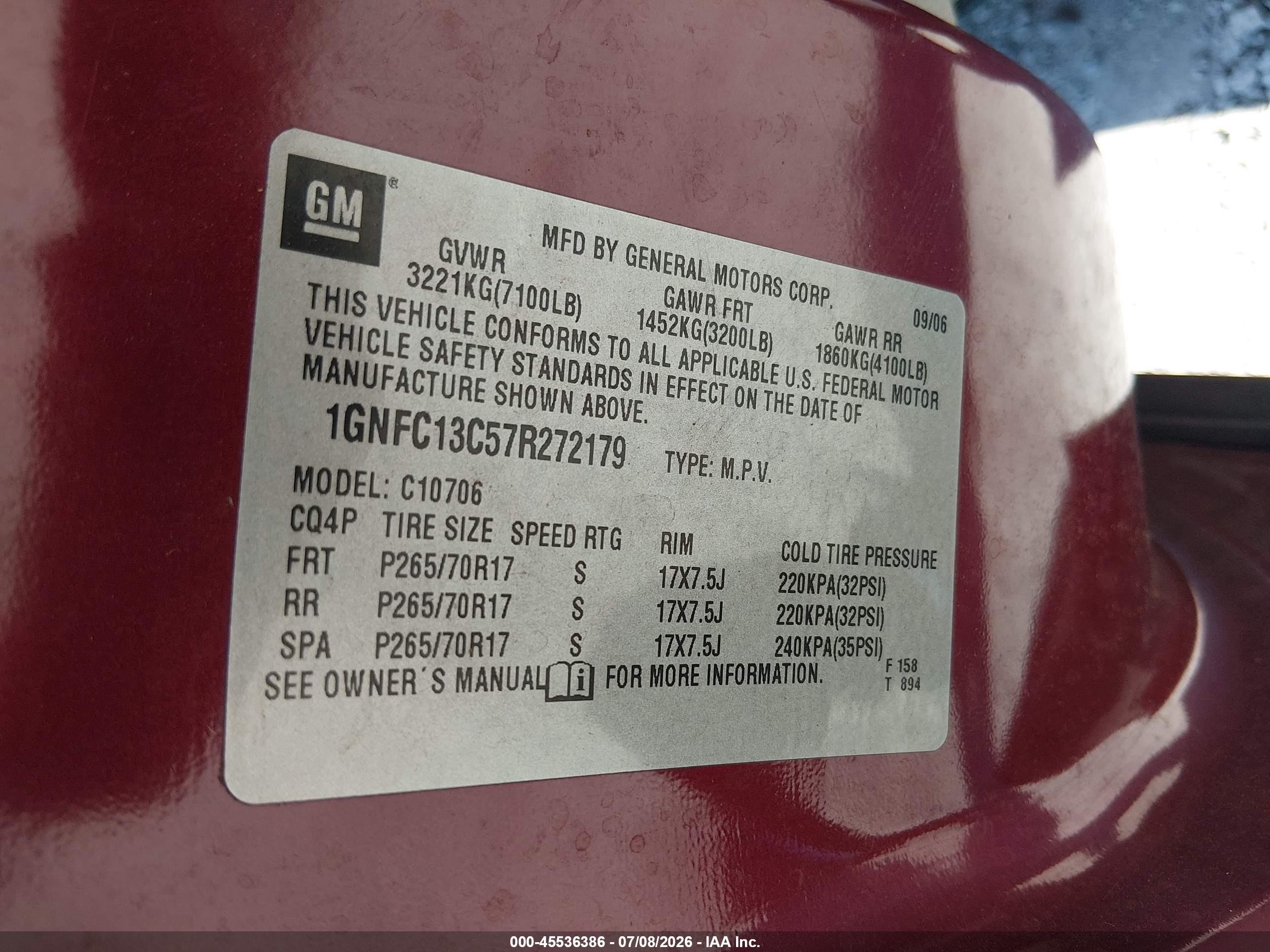2007 Chevrolet Tahoe Ls Red vin: 1GNFC13C57R272179