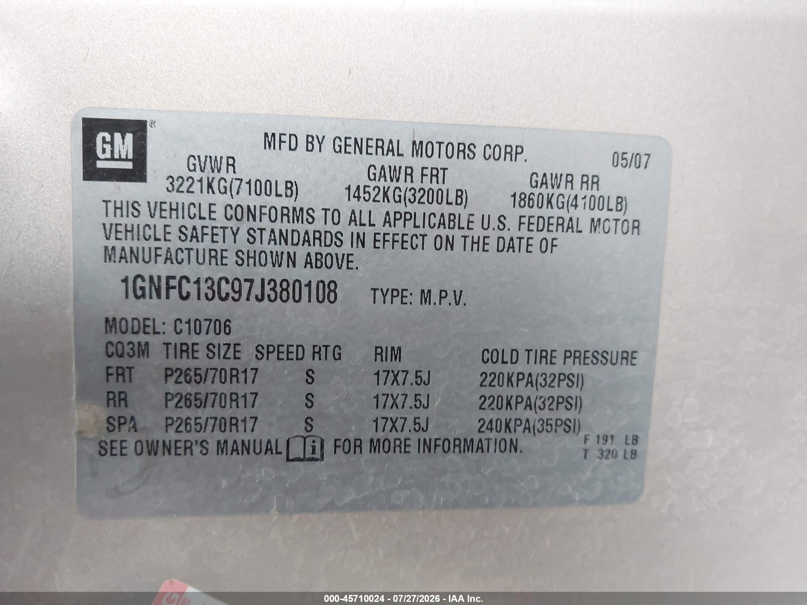 2007 Chevrolet Tahoe Ls Tan vin: 1GNFC13C97J380108