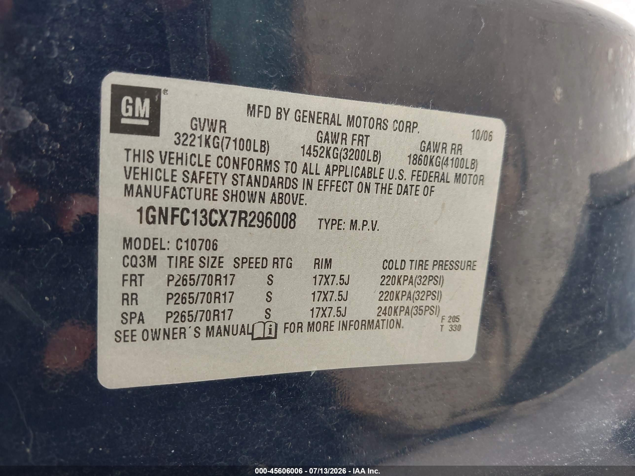 2007 Chevrolet Tahoe Ls Blue vin: 1GNFC13CX7R296008