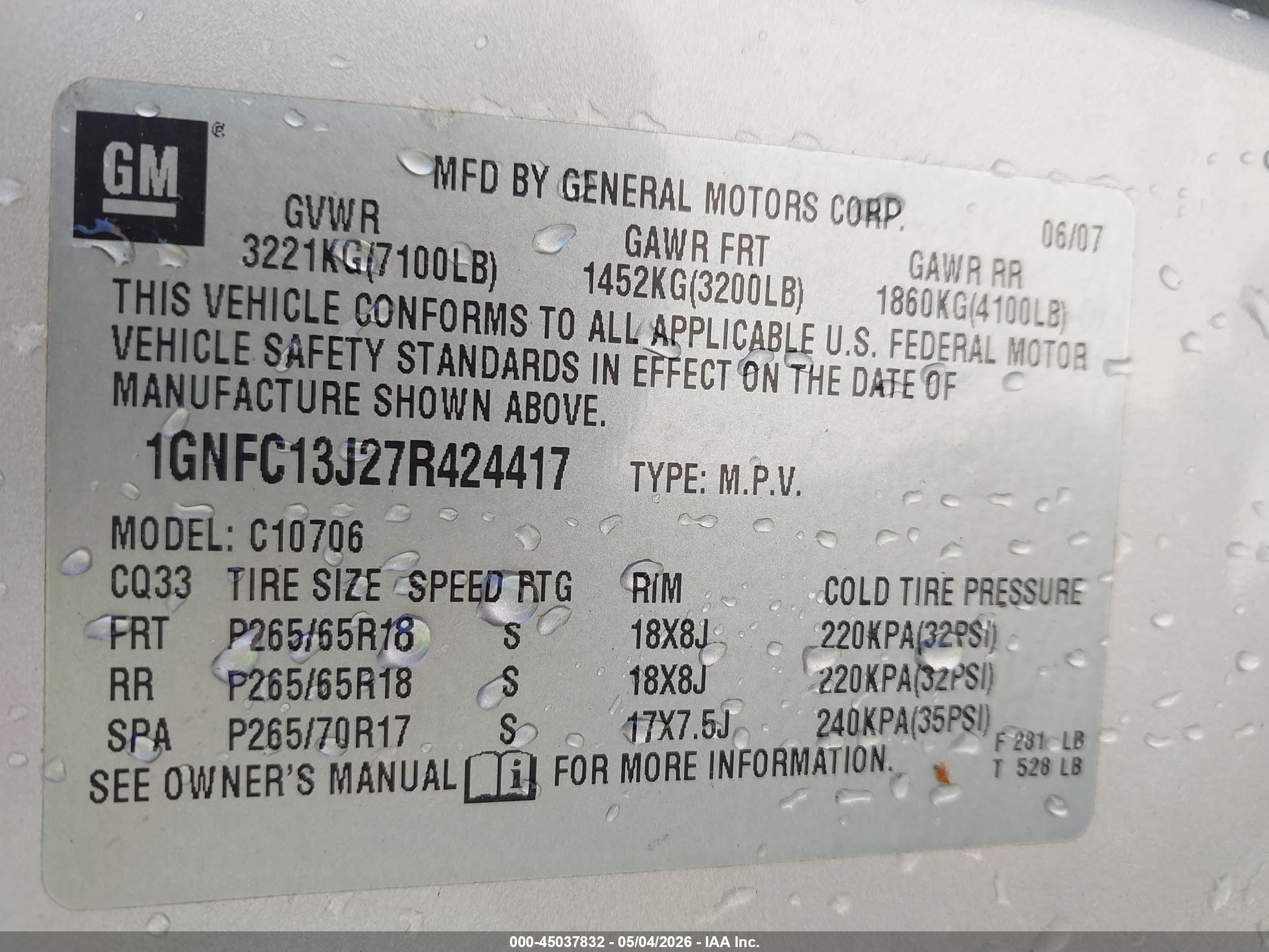 2007 Chevrolet Tahoe Lt Silver vin: 1GNFC13J27R424417