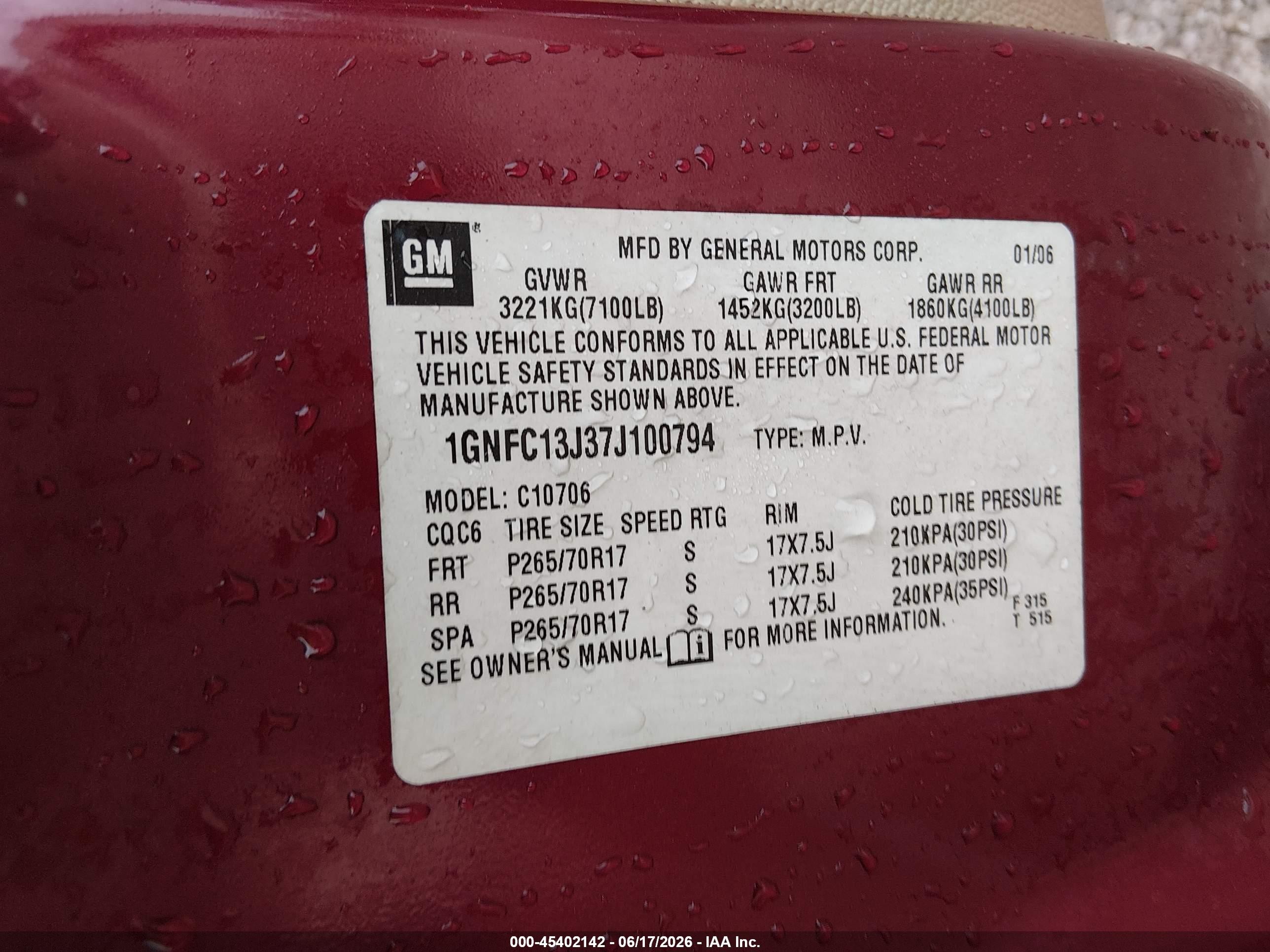 2007 Chevrolet Tahoe Lt Maroon vin: 1GNFC13J37J100794