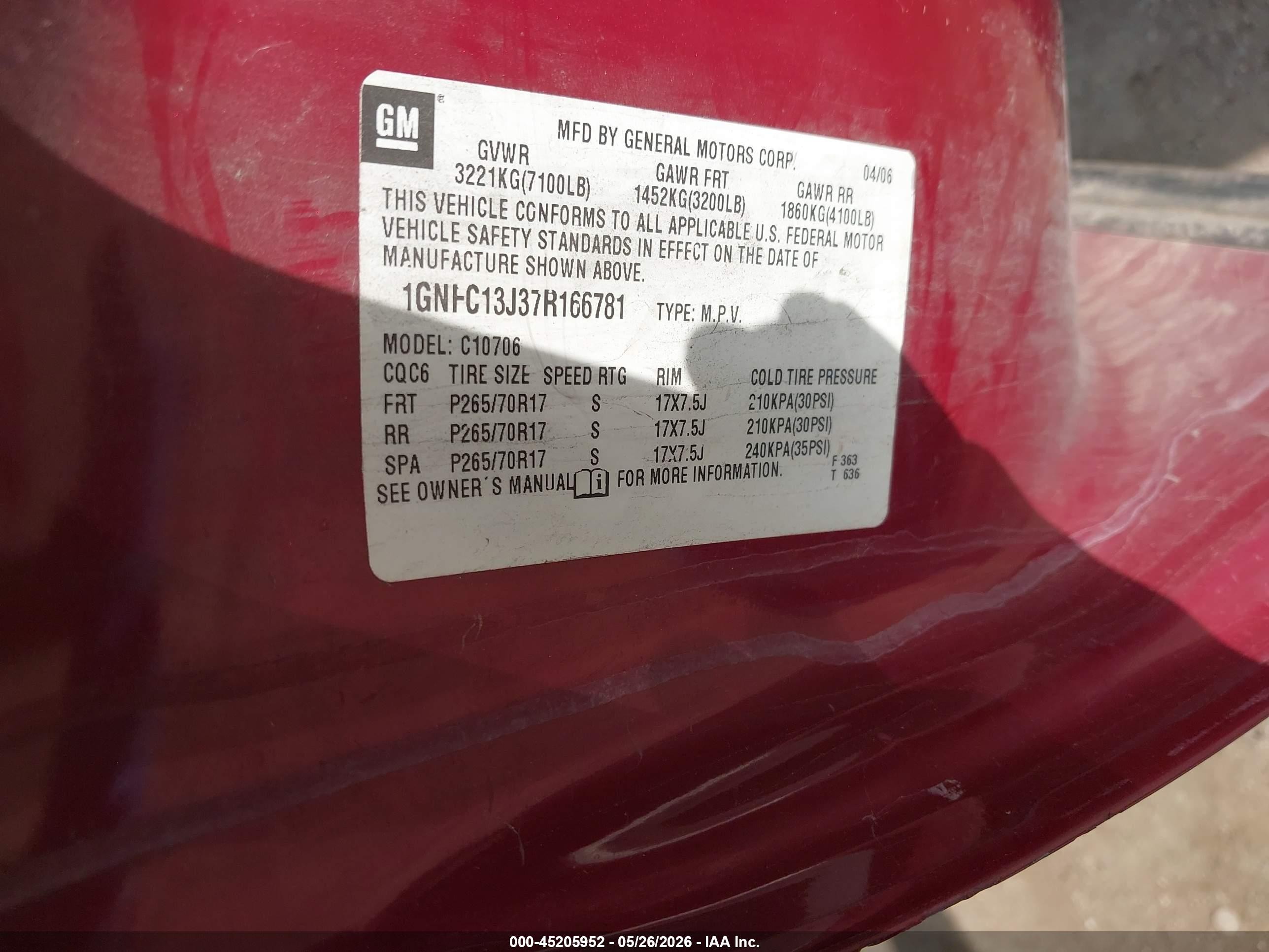 2007 Chevrolet Tahoe Lt Maroon vin: 1GNFC13J37R166781