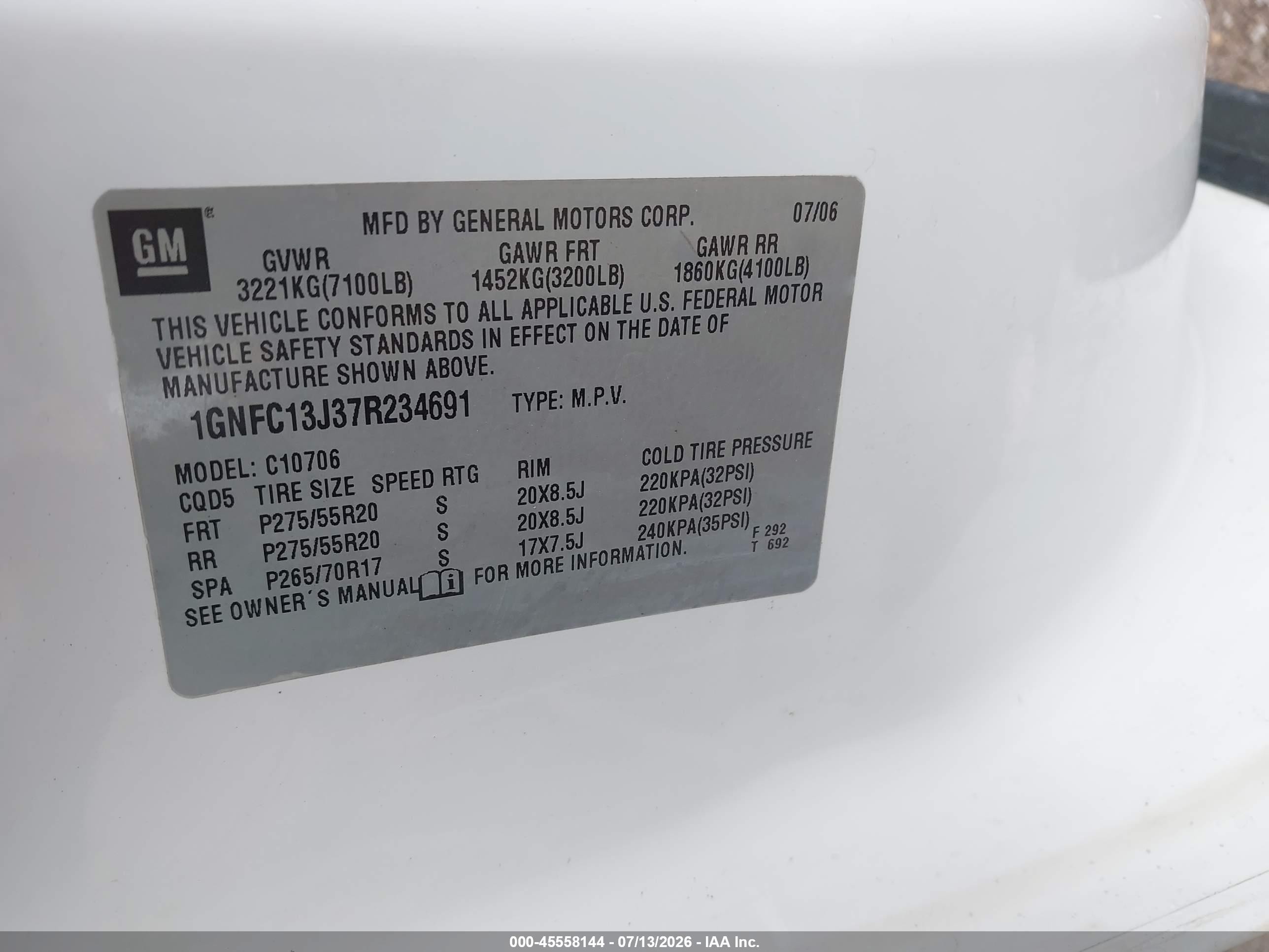 2007 Chevrolet Tahoe Lt White vin: 1GNFC13J37R234691