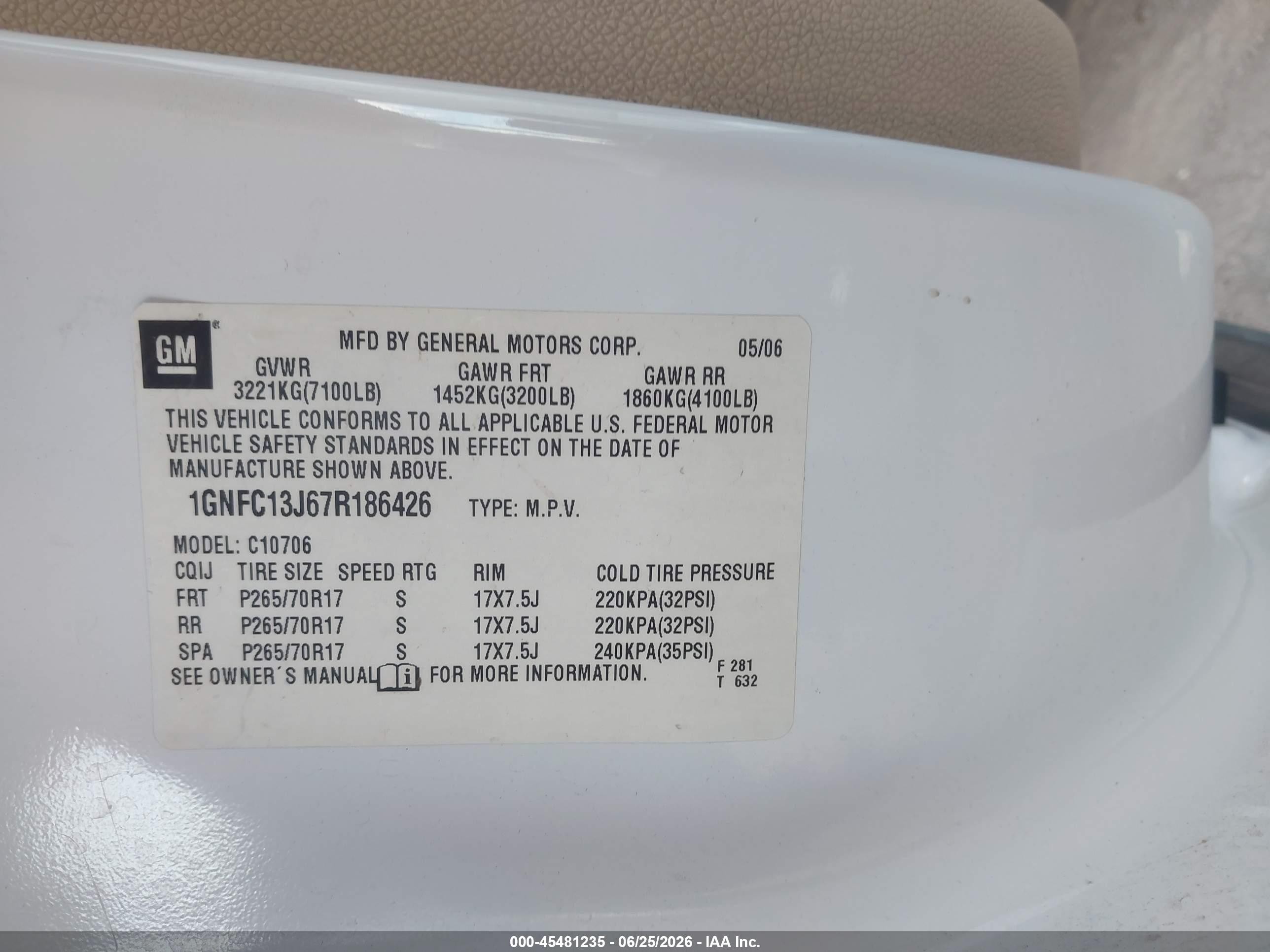 2007 Chevrolet Tahoe Lt White vin: 1GNFC13J67R186426