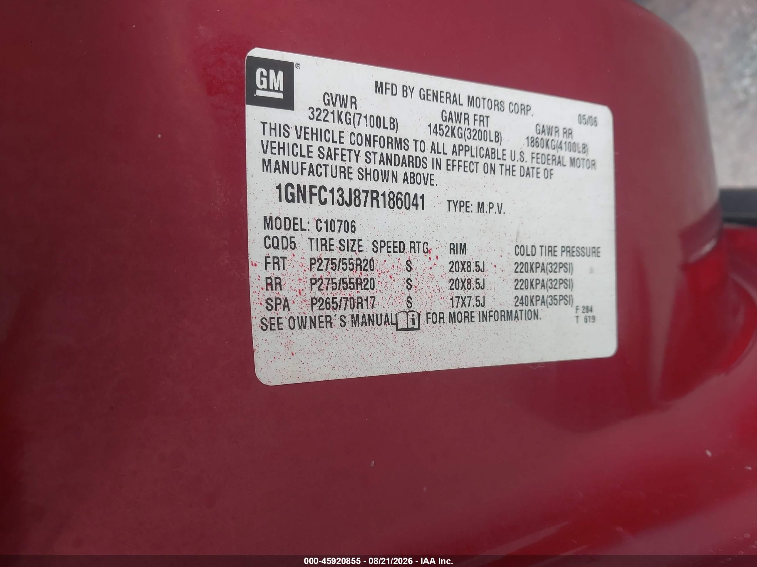 2007 Chevrolet Tahoe Lt Темно-бордовый vin: 1GNFC13J87R186041