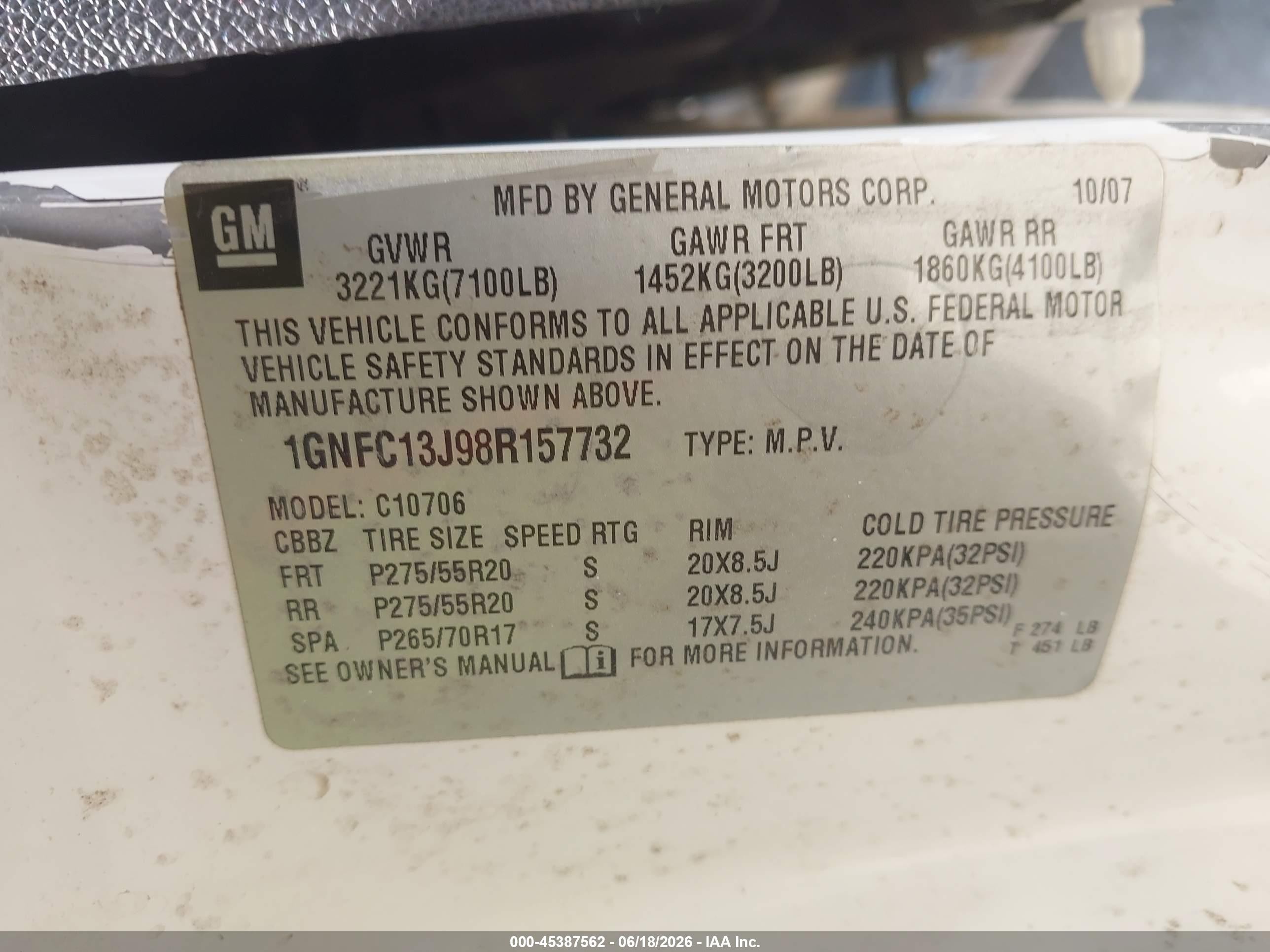 2008 Chevrolet Tahoe Ltz White vin: 1GNFC13J98R157732