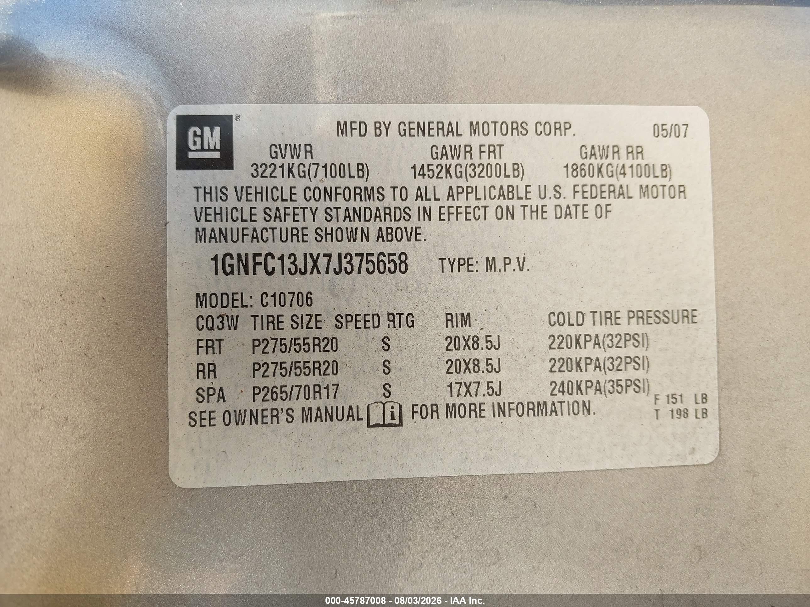 2007 Chevrolet Tahoe Ltz Gray vin: 1GNFC13JX7J375658