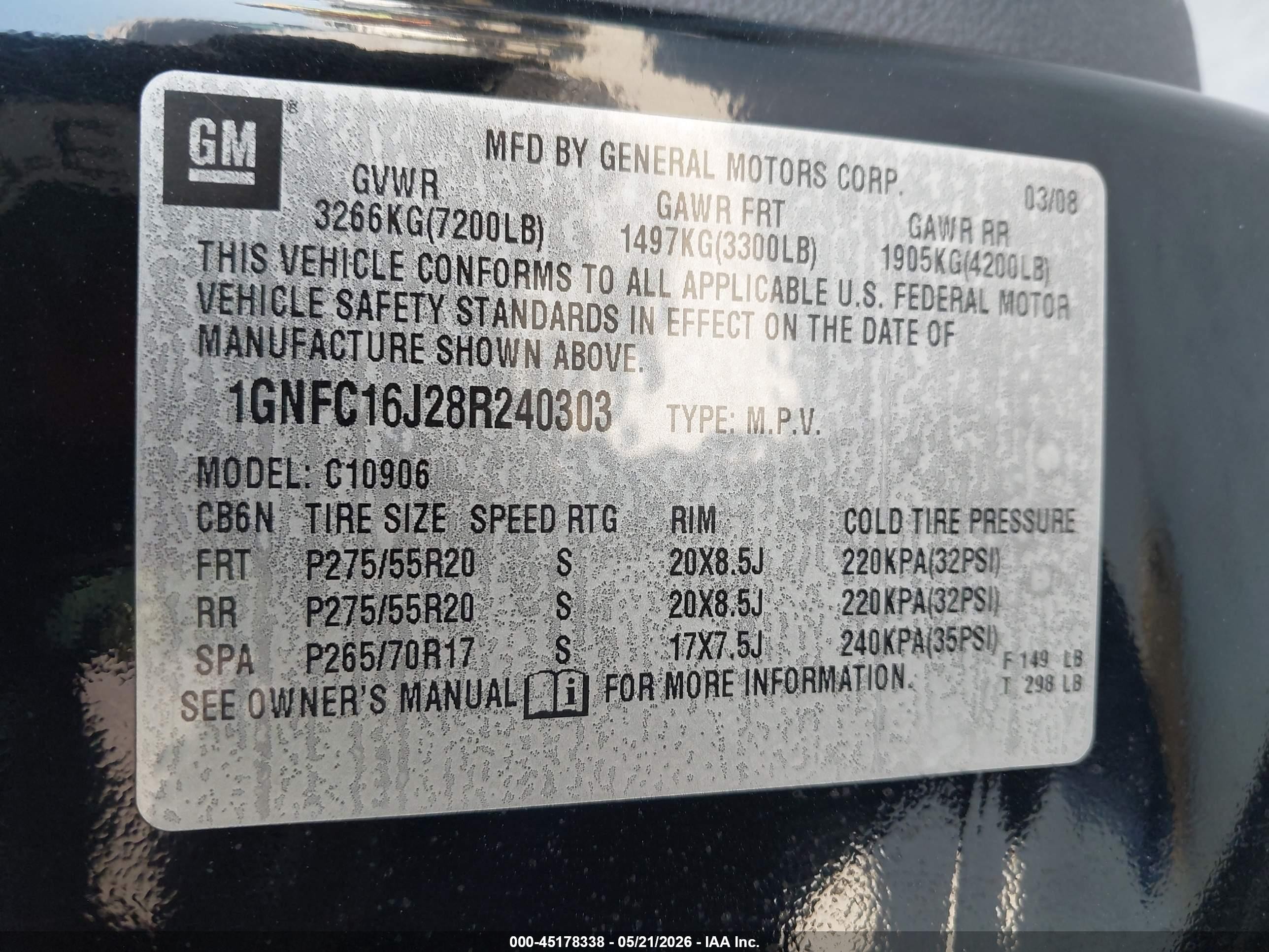 2008 Chevrolet Suburban 1500 Ltz Black vin: 1GNFC16J28R240303