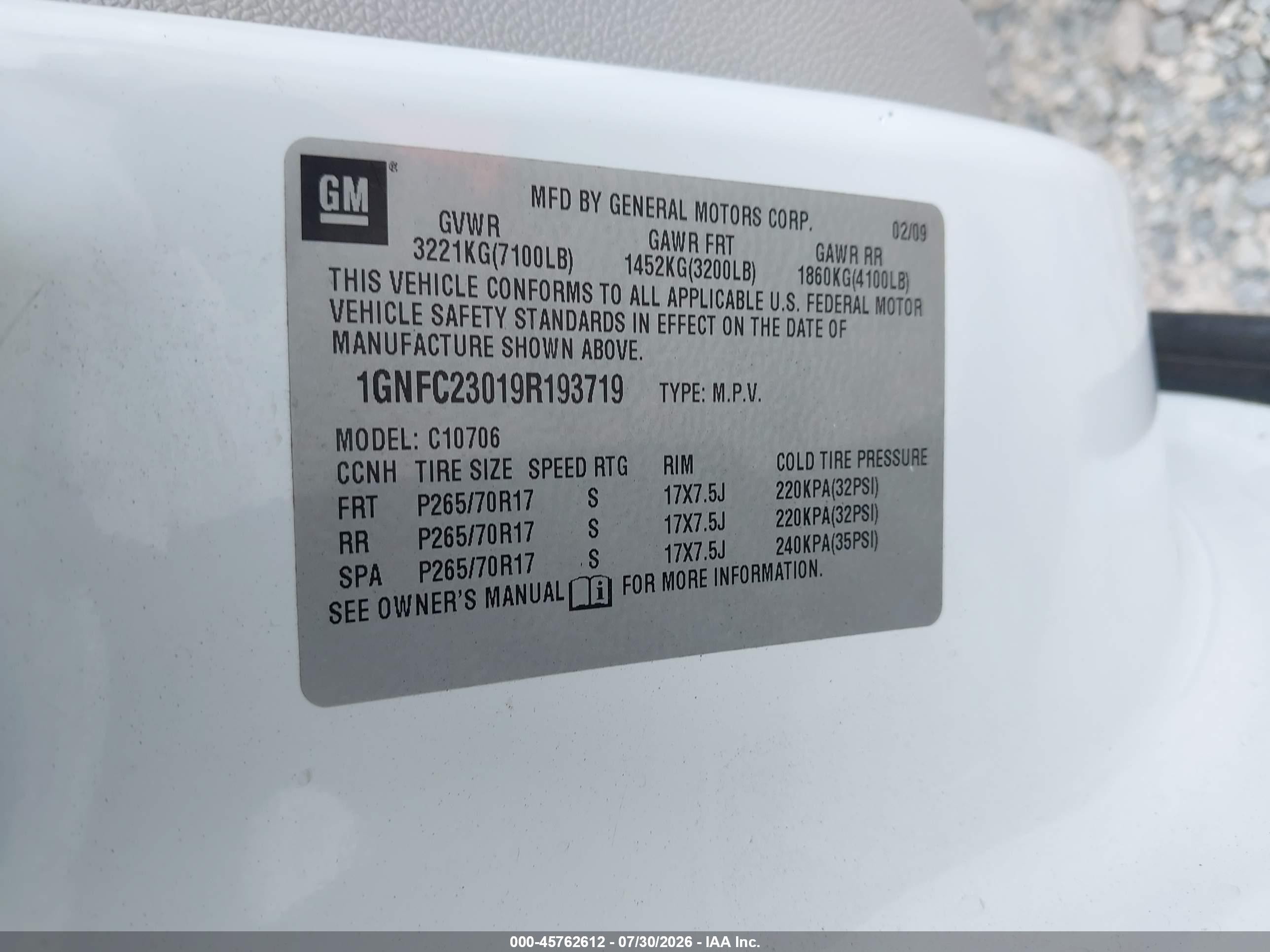 2009 Chevrolet Tahoe Lt2 White vin: 1GNFC23019R193719