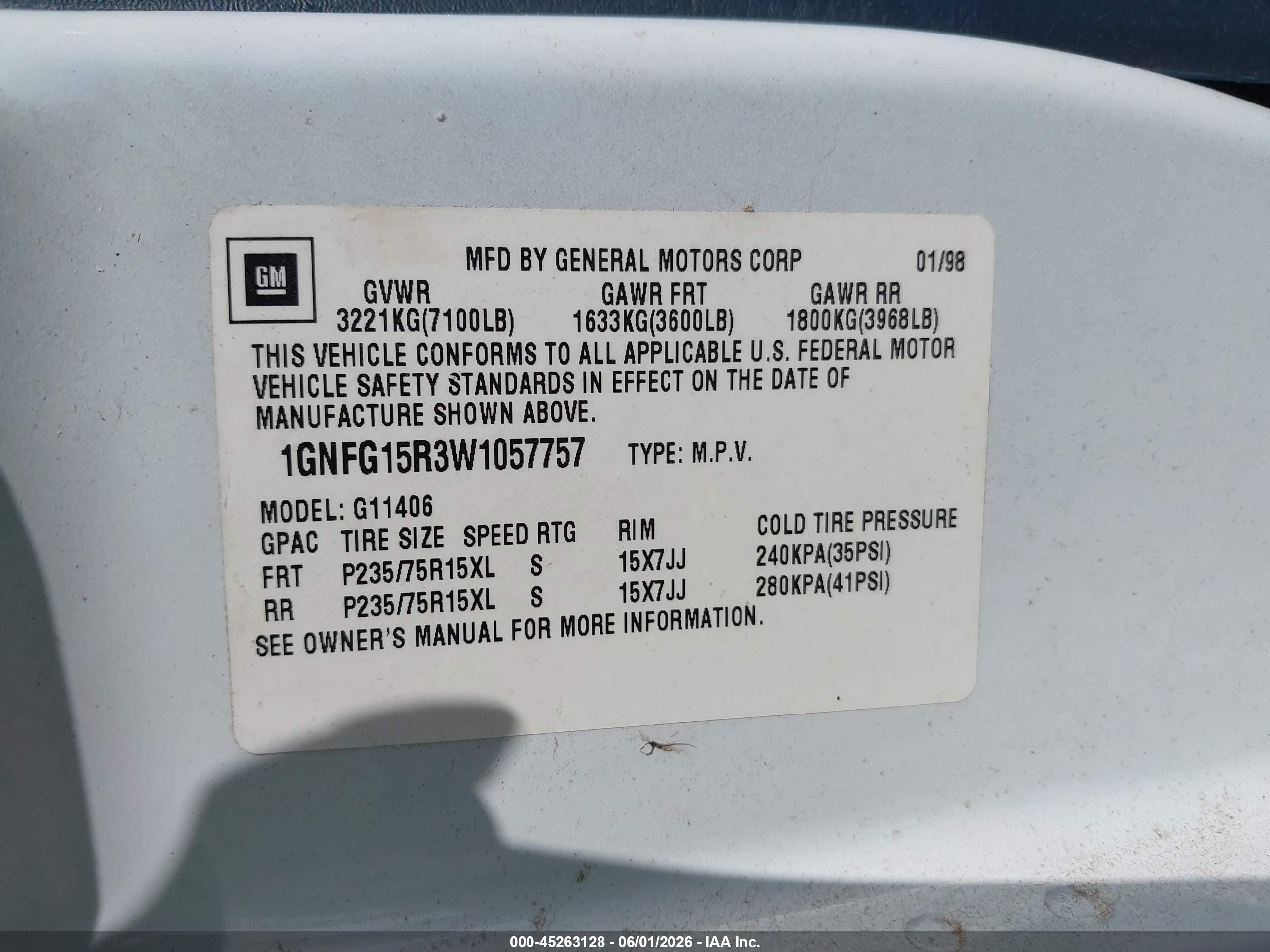 1998 Chevrolet Express   White vin: 1GNFG15R3W1057757
