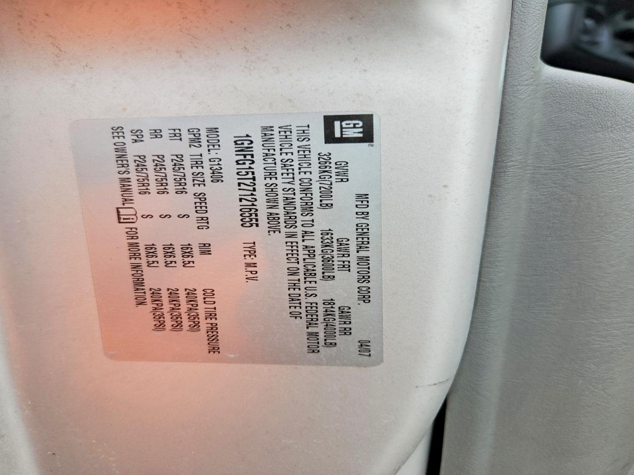 2007 Chevrolet Express G1500 Beige vin: 1GNFG15T271216555